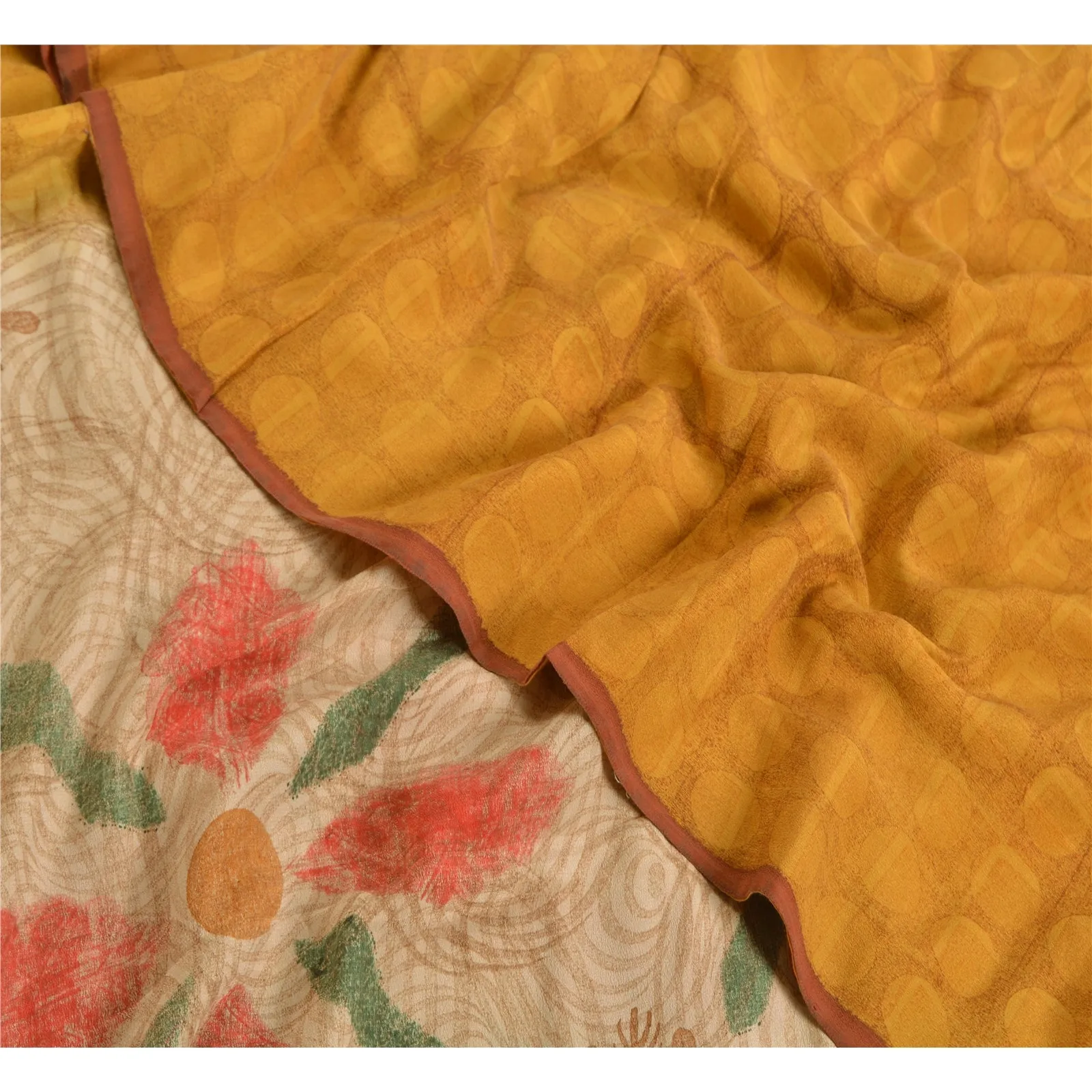 Sanskriti Vintage Sarees Saffron/Cream Pure Crepe Silk Printed Sari Craft Fabric