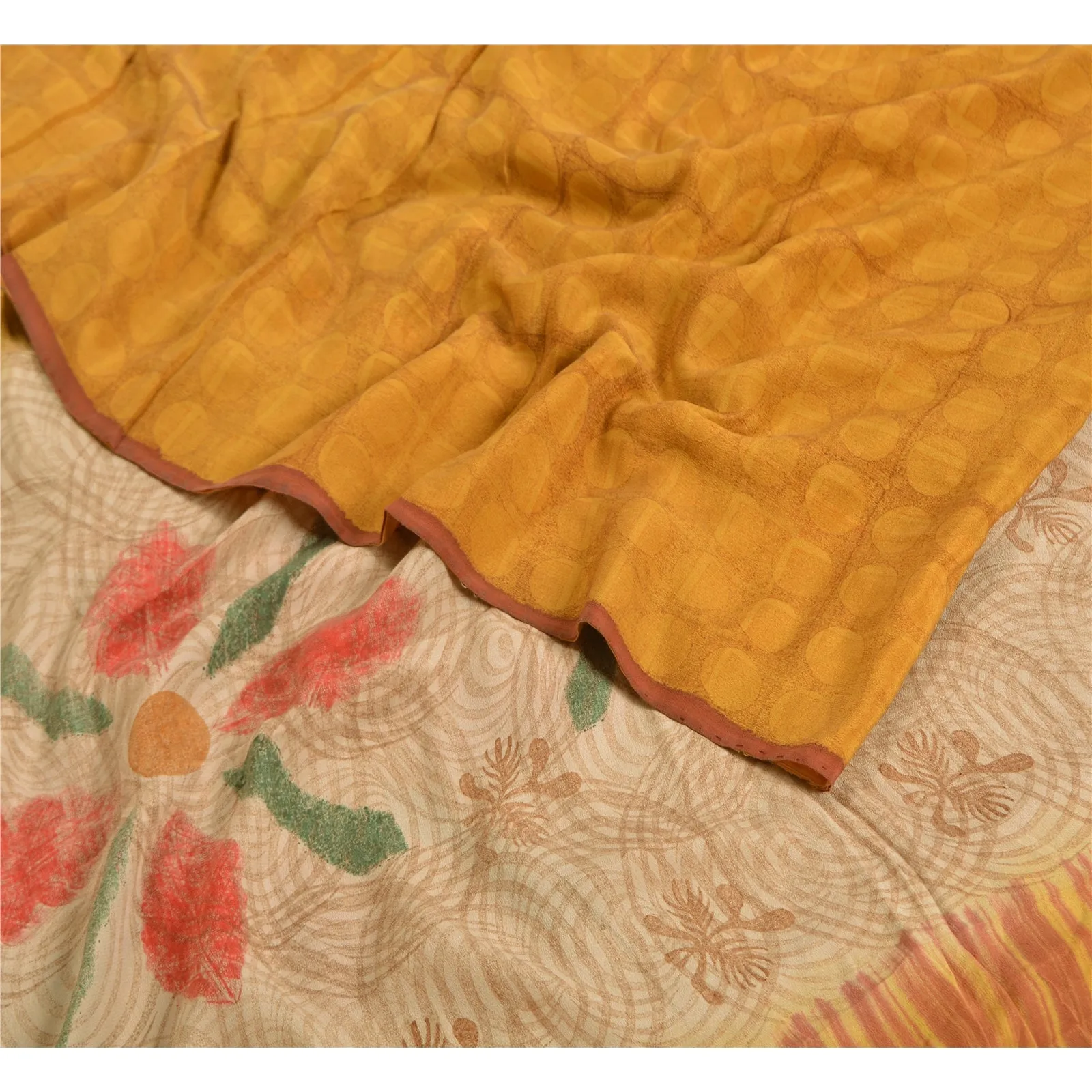 Sanskriti Vintage Sarees Saffron/Cream Pure Crepe Silk Printed Sari Craft Fabric