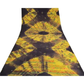 Sanskriti Vintage Sarees Yellow/Black Tie-Dye Hand Beaded Pure Crepe Sari Fabric