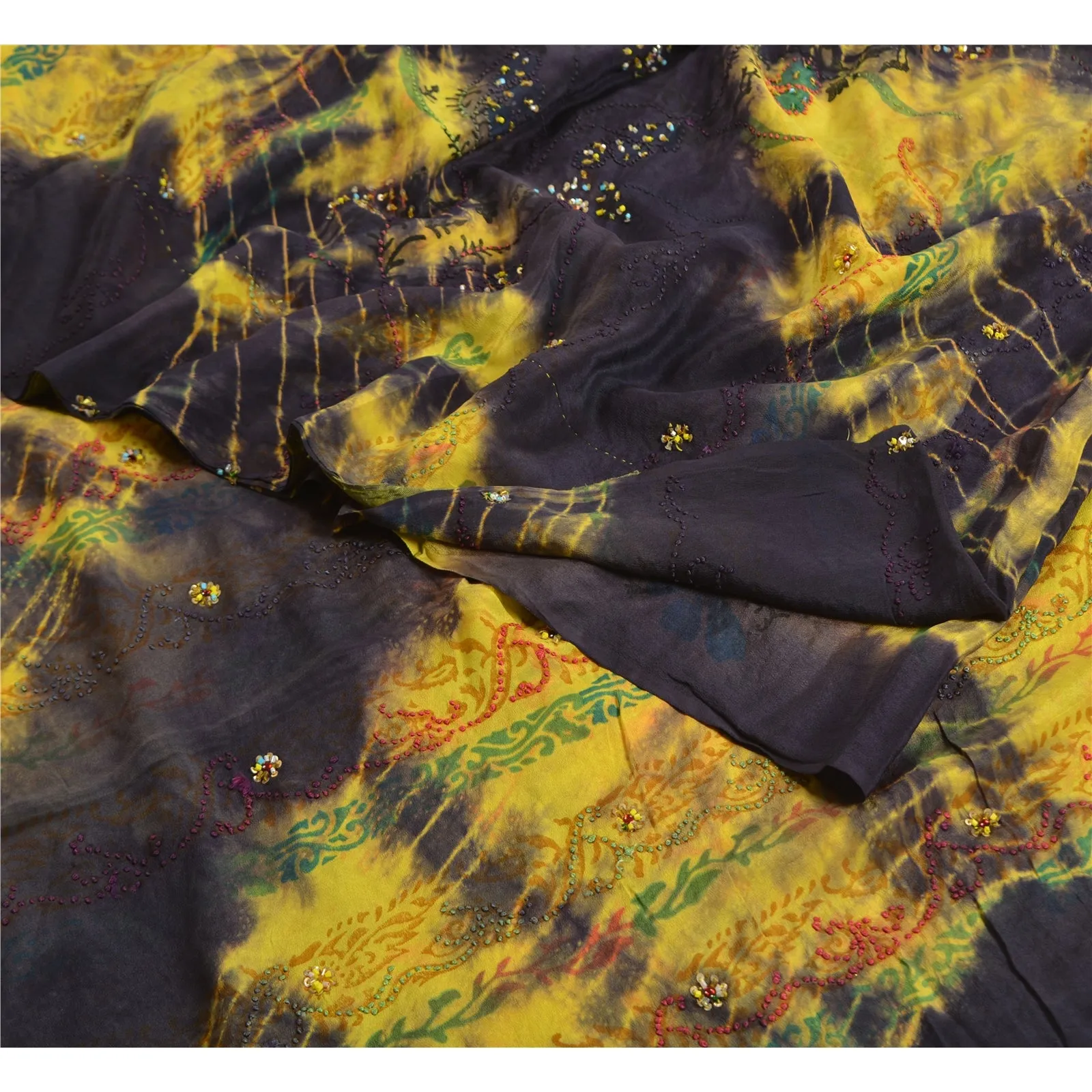 Sanskriti Vintage Sarees Yellow/Black Tie-Dye Hand Beaded Pure Crepe Sari Fabric