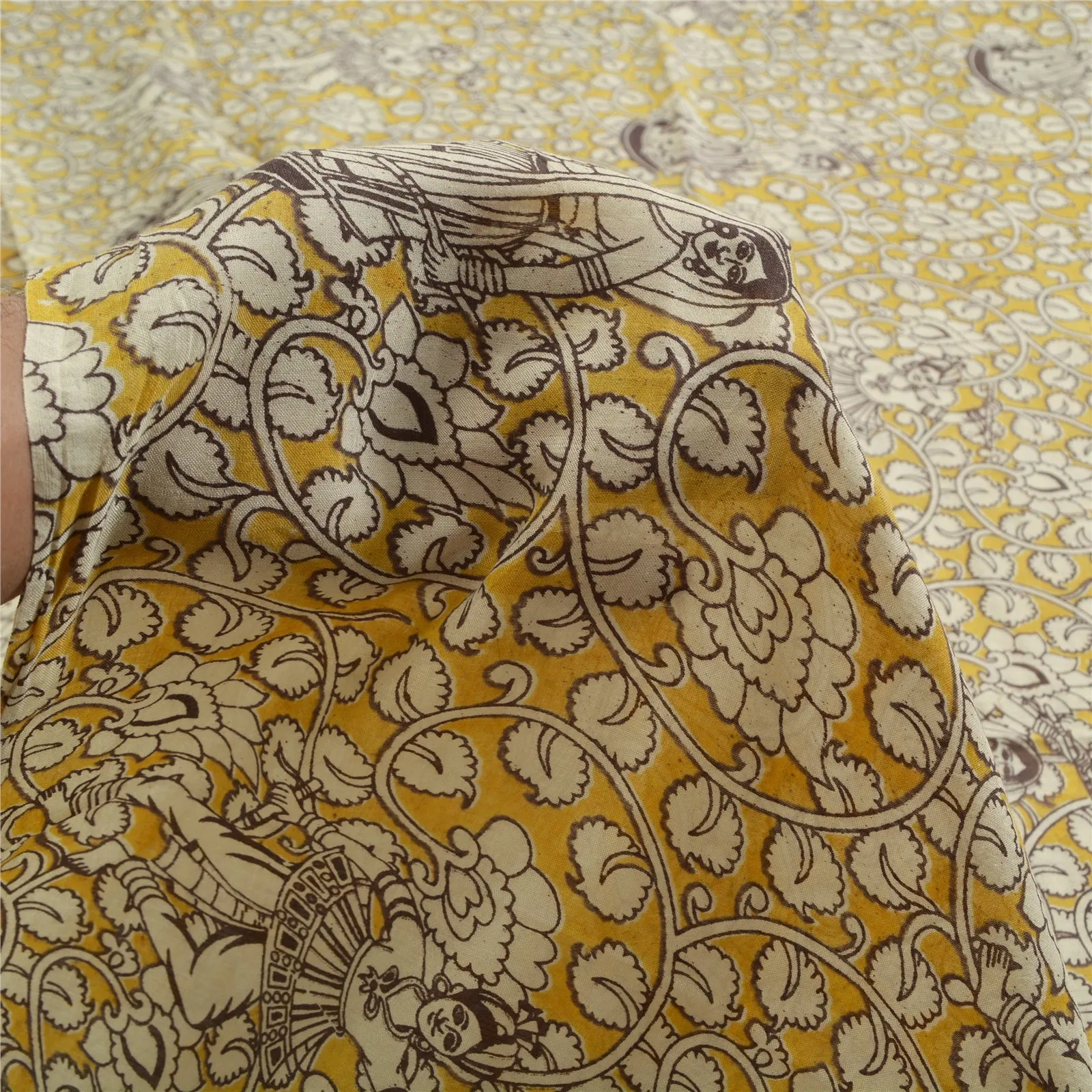 Sanskriti Vintage Sarees Yellow/Ivory HandBlockKalamkari Pure Cotton Sari Fabric