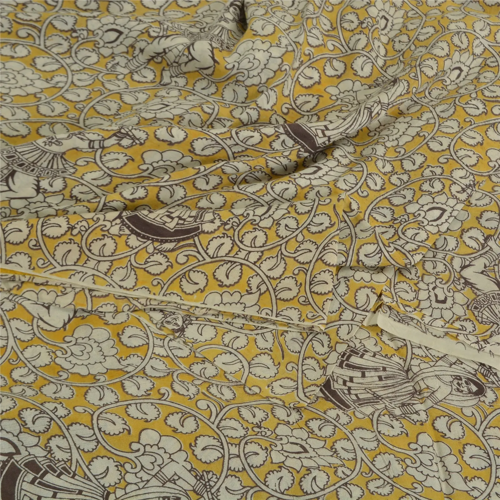 Sanskriti Vintage Sarees Yellow/Ivory HandBlockKalamkari Pure Cotton Sari Fabric