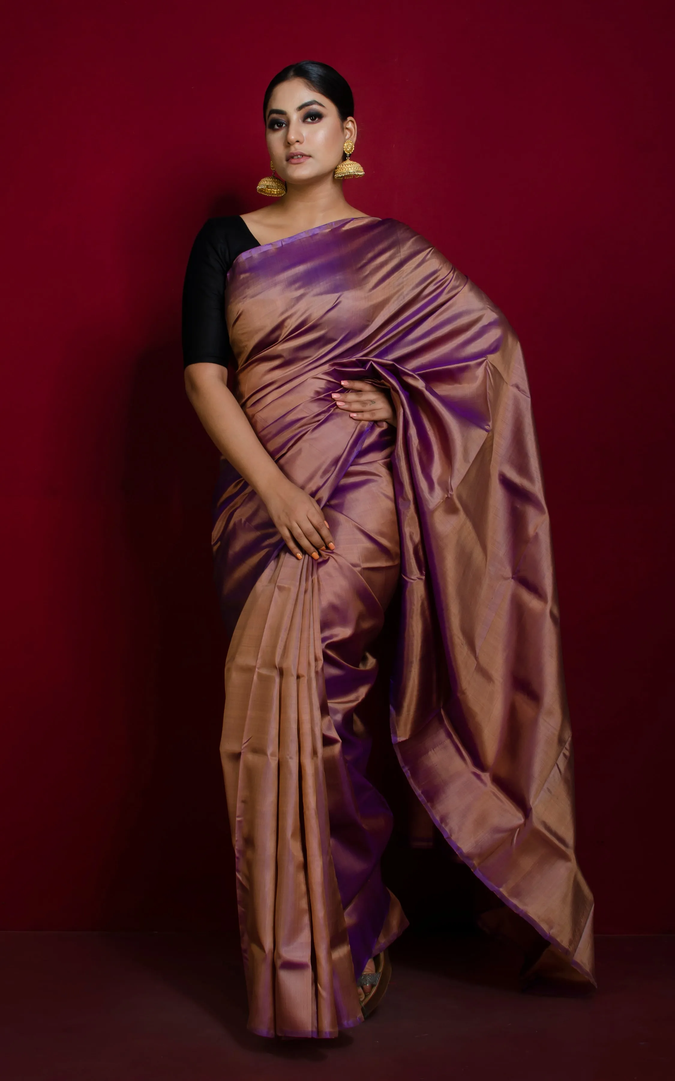 Soft Bishnupuri Dual Tone Katan Silk Saree in Rose Gold and Purple