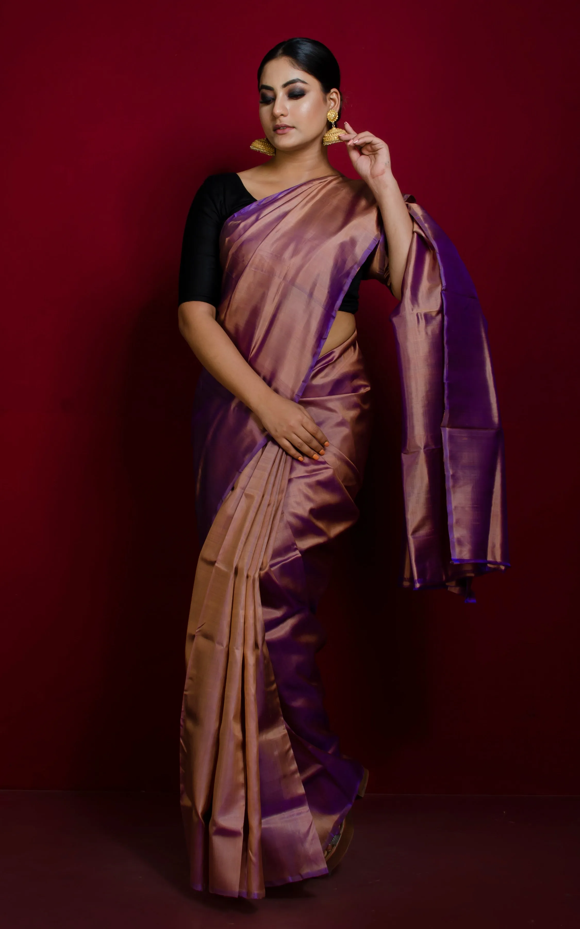 Soft Bishnupuri Dual Tone Katan Silk Saree in Rose Gold and Purple