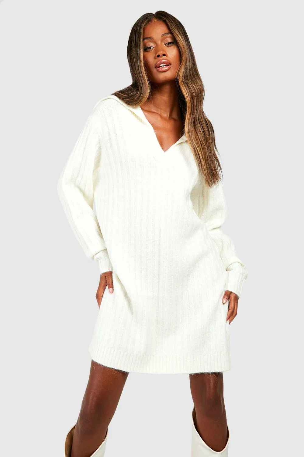 Soft Wide Rib Knit Collared Sweater Dress