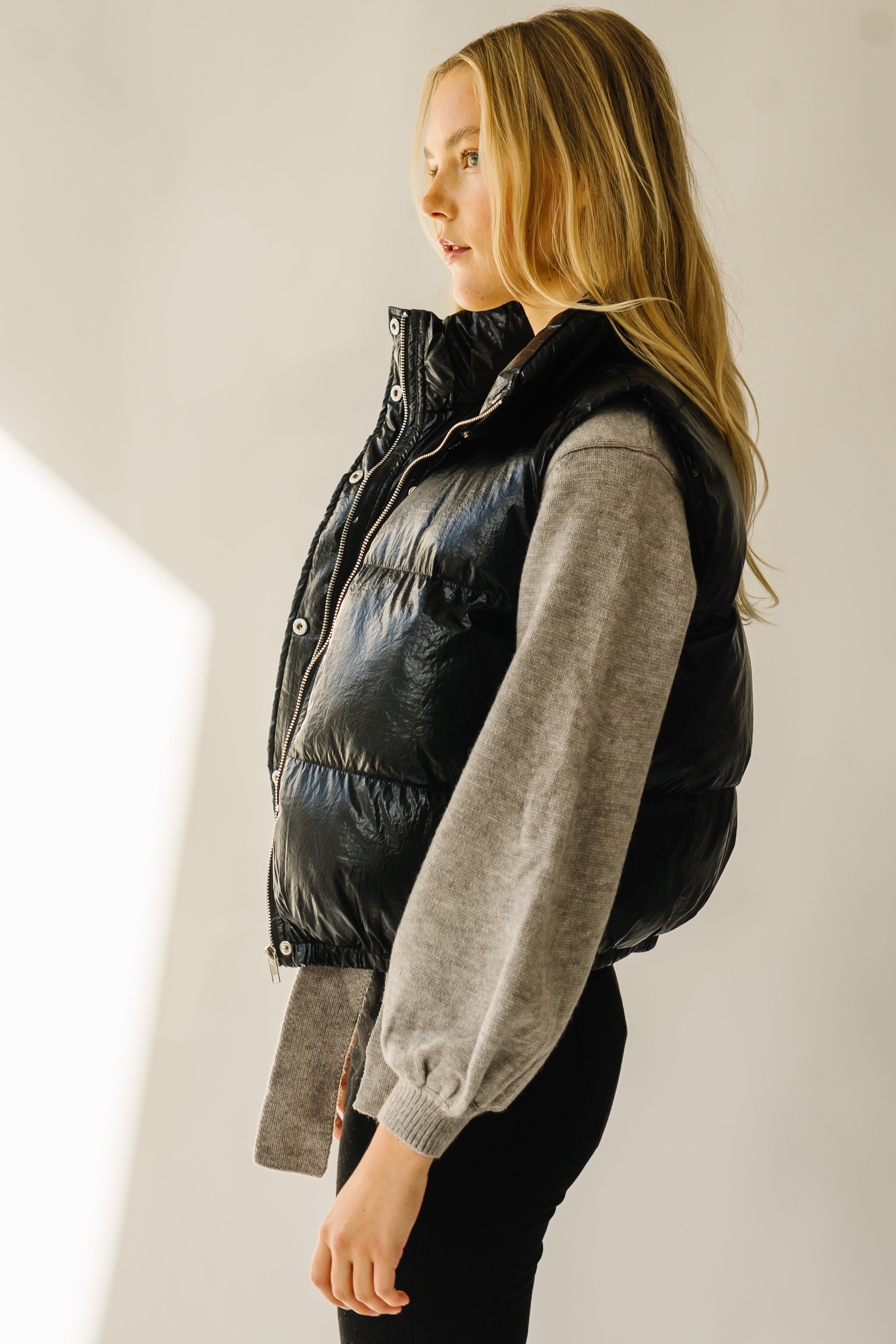 The Galveston Shiny Metallic Puffer Vest in Black