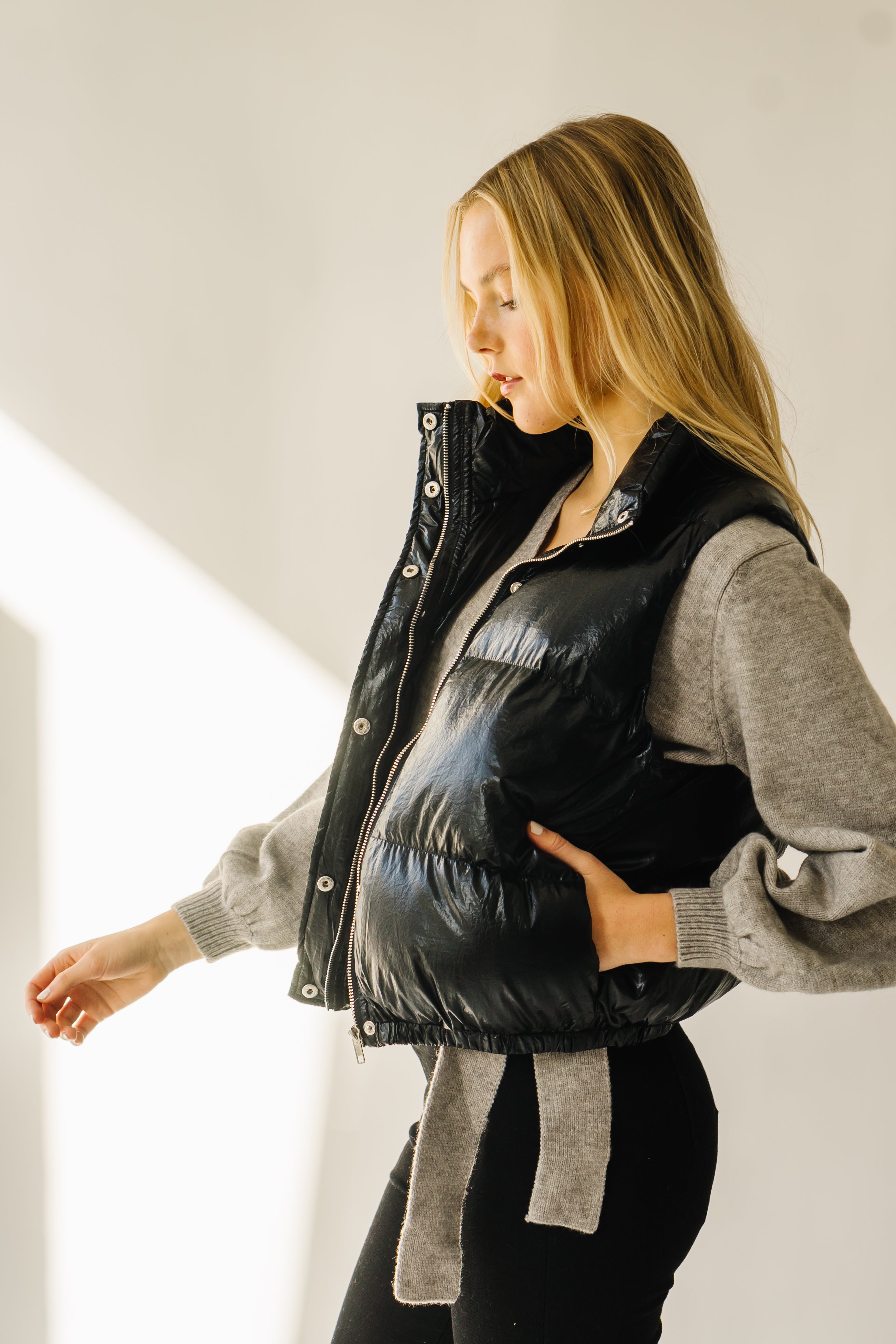 The Galveston Shiny Metallic Puffer Vest in Black