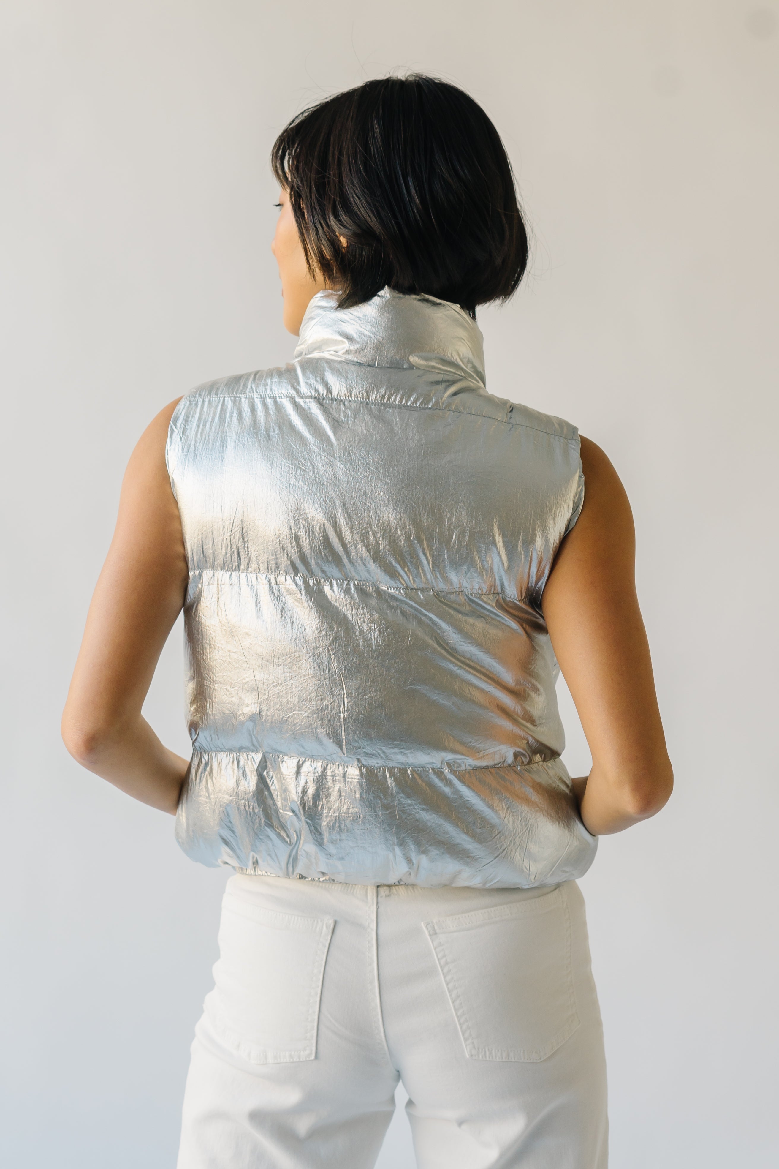 The Galveston Shiny Metallic Puffer Vest in Silver