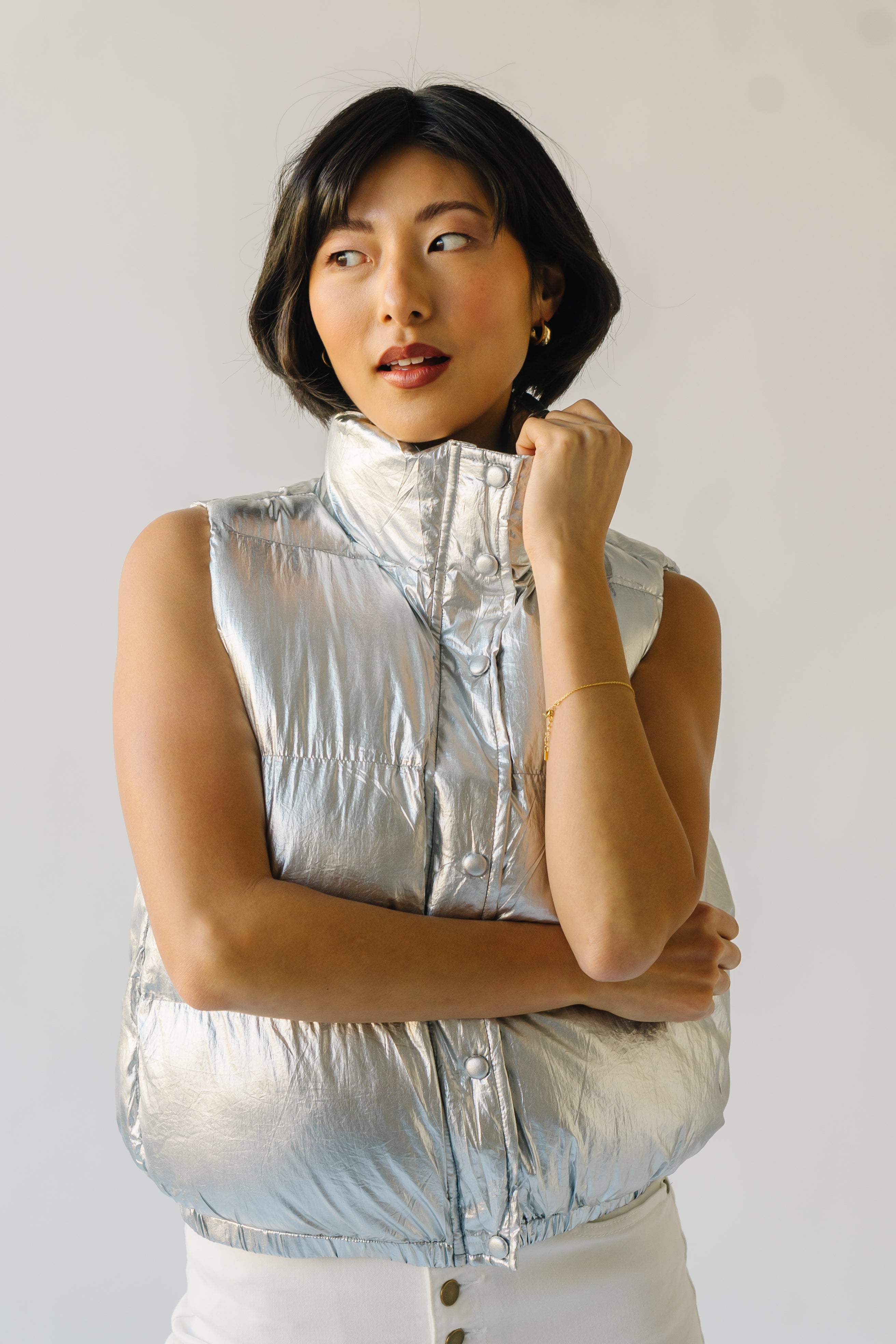 The Galveston Shiny Metallic Puffer Vest in Silver