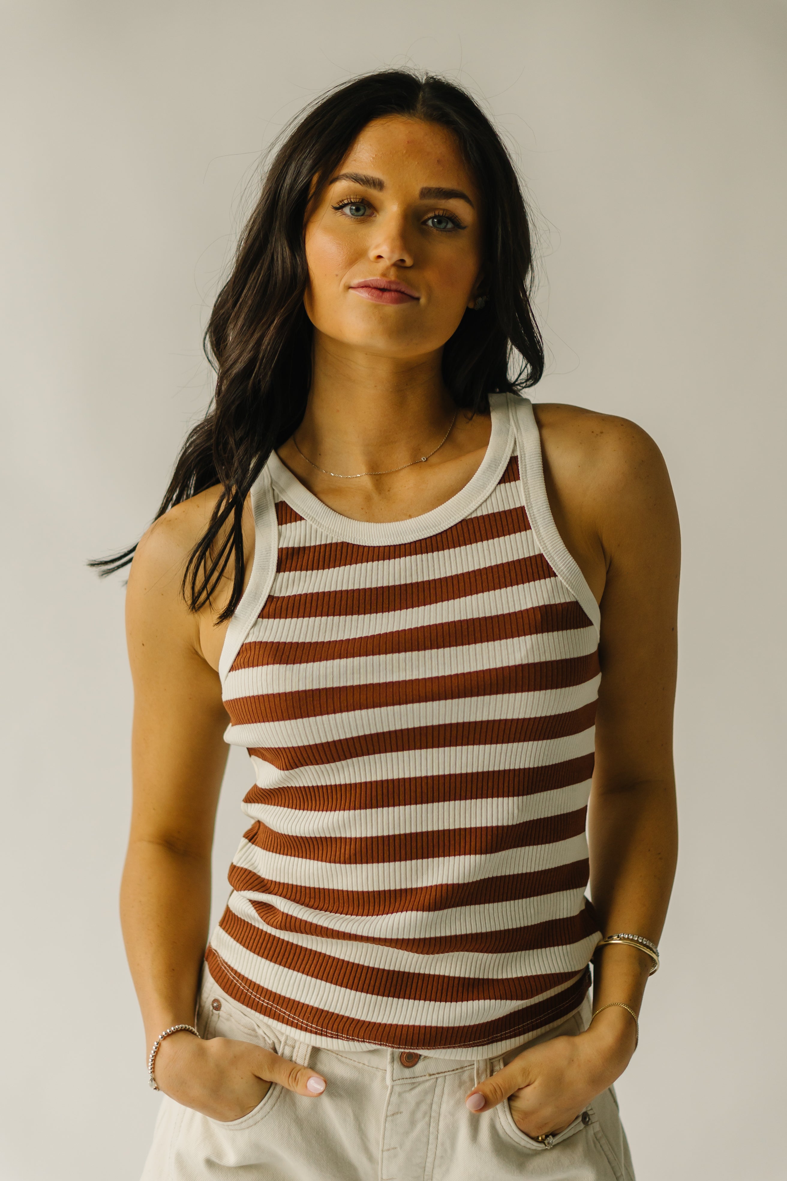 The Loxley Striped Tank in White + Brown