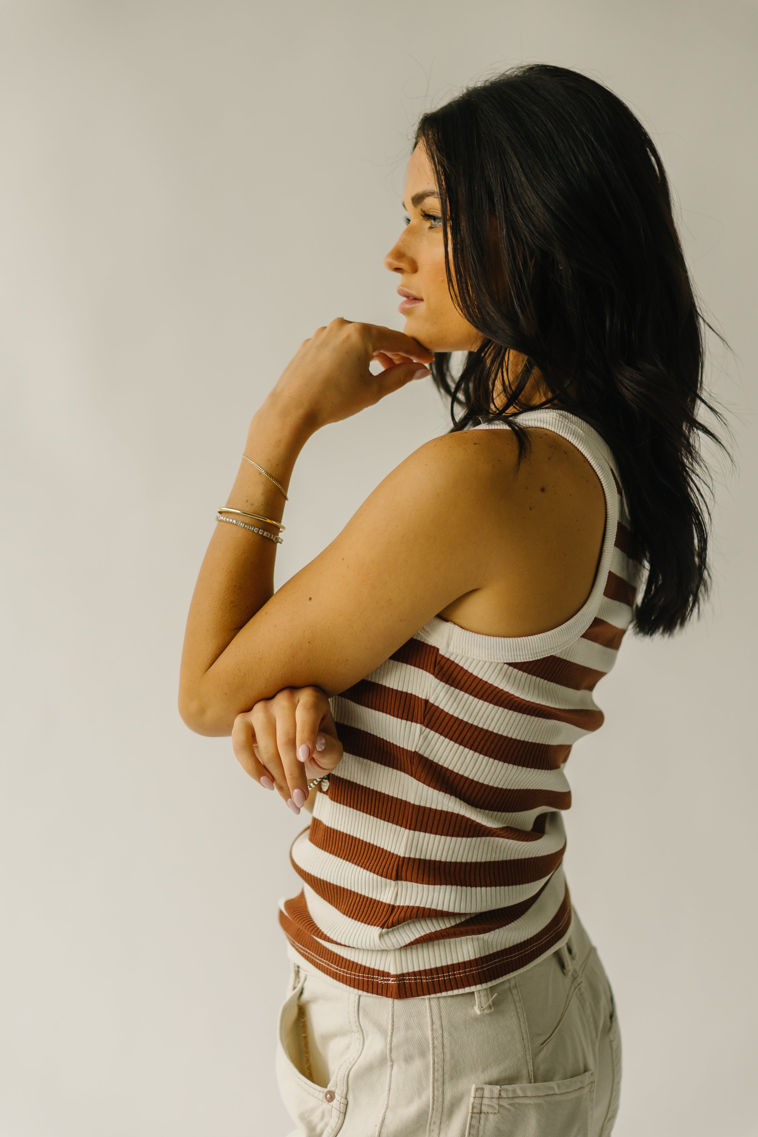 The Loxley Striped Tank in White + Brown