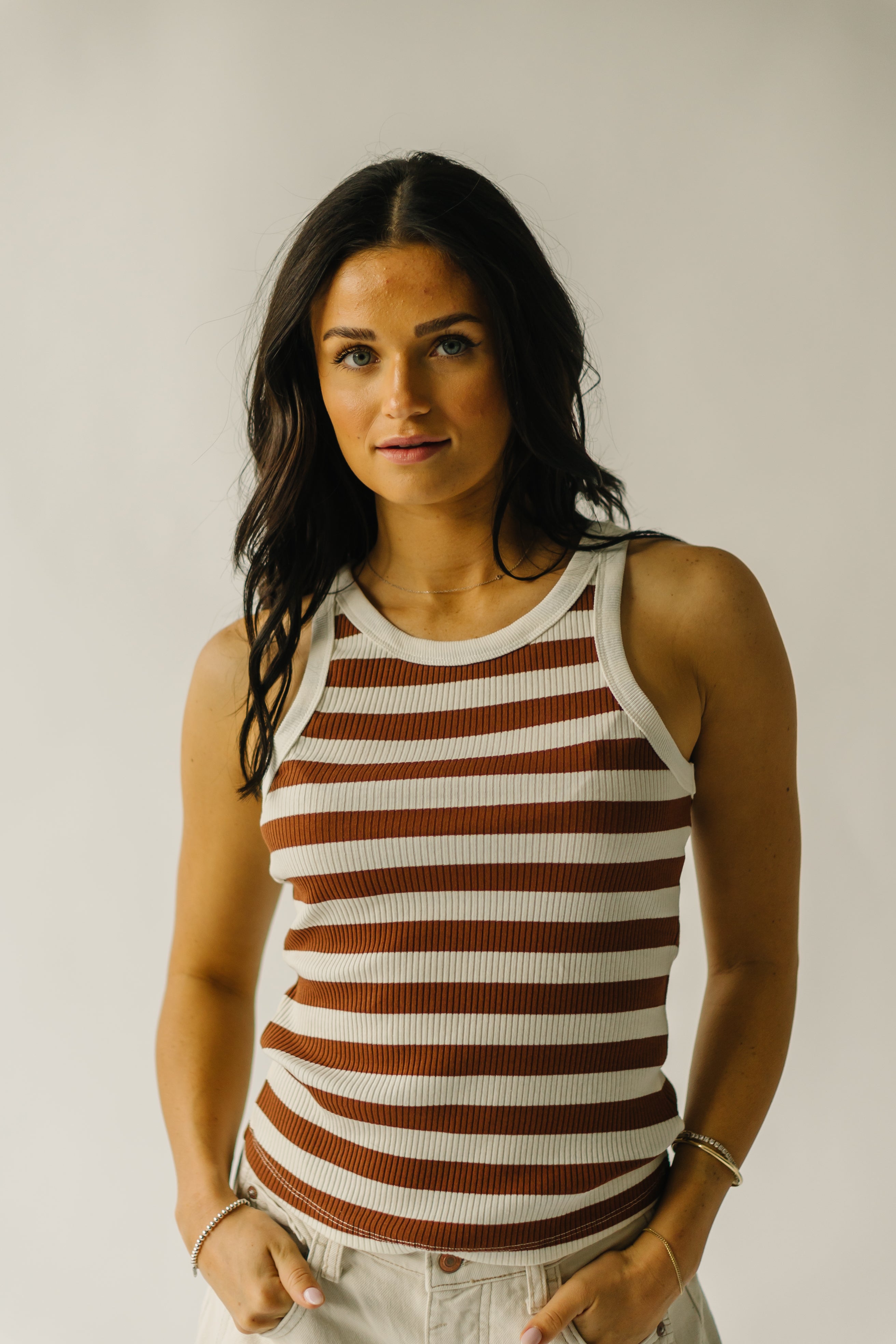 The Loxley Striped Tank in White + Brown