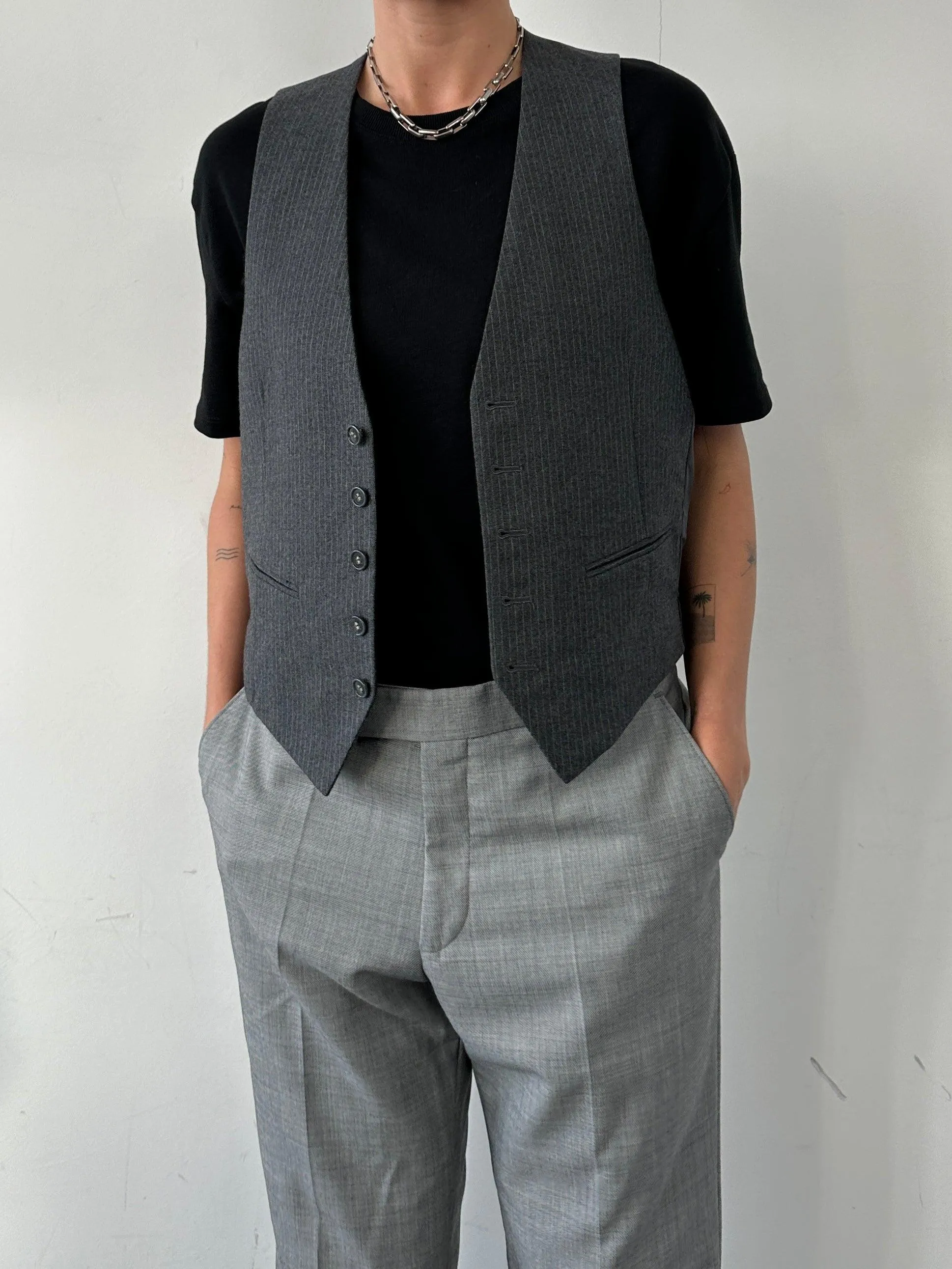 Vintage Pure Wool Pinstripe Tailored Waistcoat - S/M