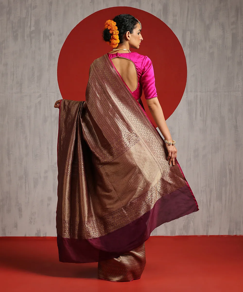 Wine Handloom Pure Katan Silk Kimkhab Banarasi Saree With Gold Zari