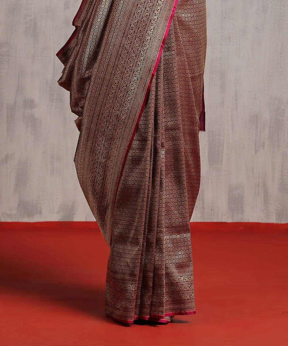 Wine Handloom Pure Katan Silk Kimkhab Banarasi Saree With Gold Zari