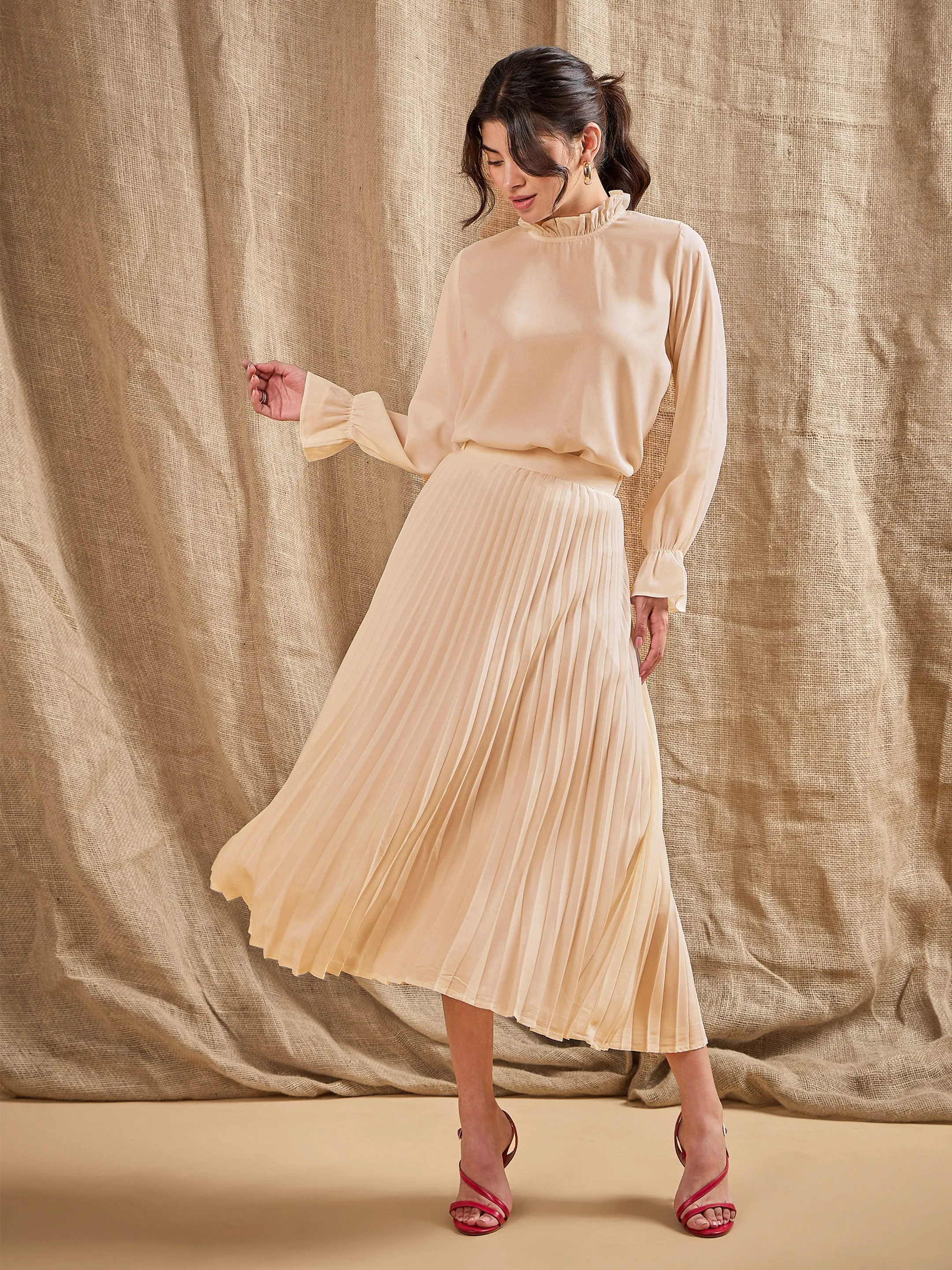 Women Beige Ruffled Neck Blouse With Pleated Skirt