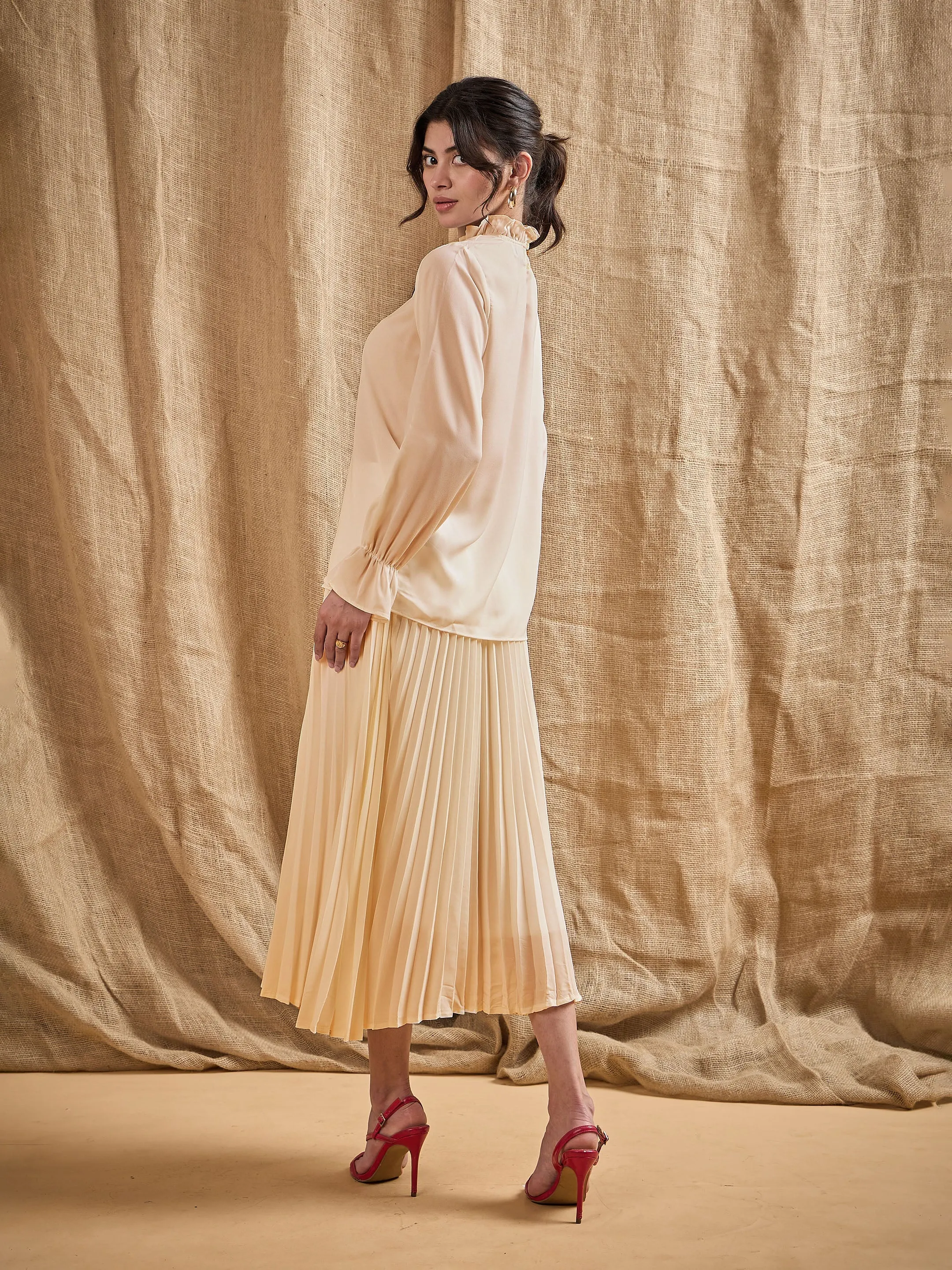 Women Beige Ruffled Neck Blouse With Pleated Skirt