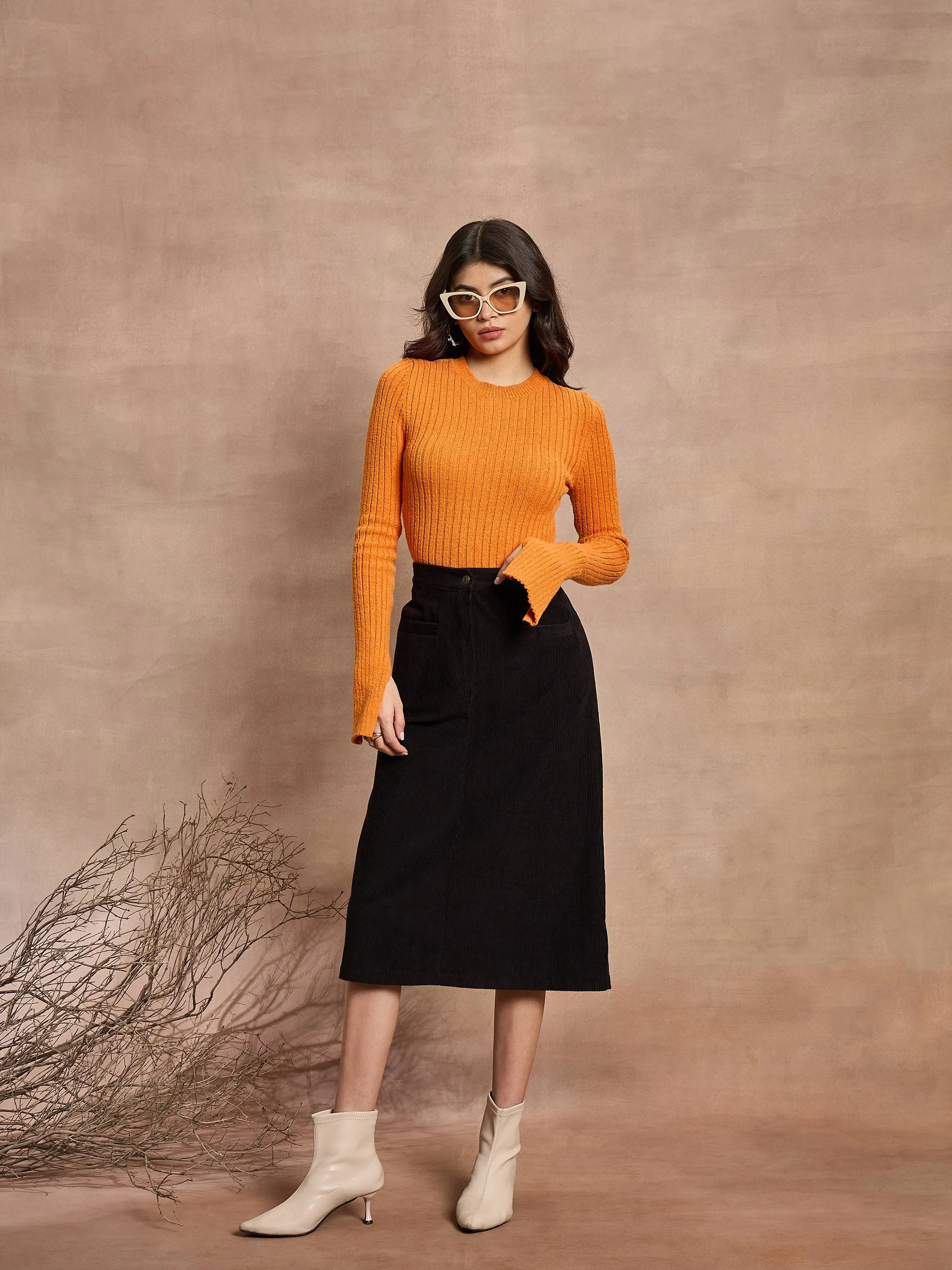 Women Black Corduroy Mock Pocket Midi Skirt