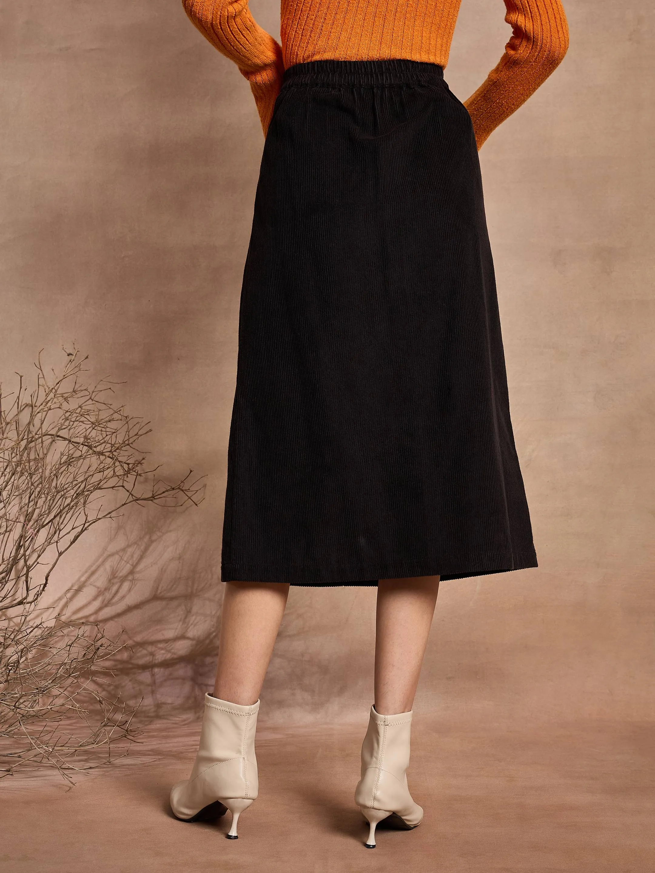 Women Black Corduroy Mock Pocket Midi Skirt