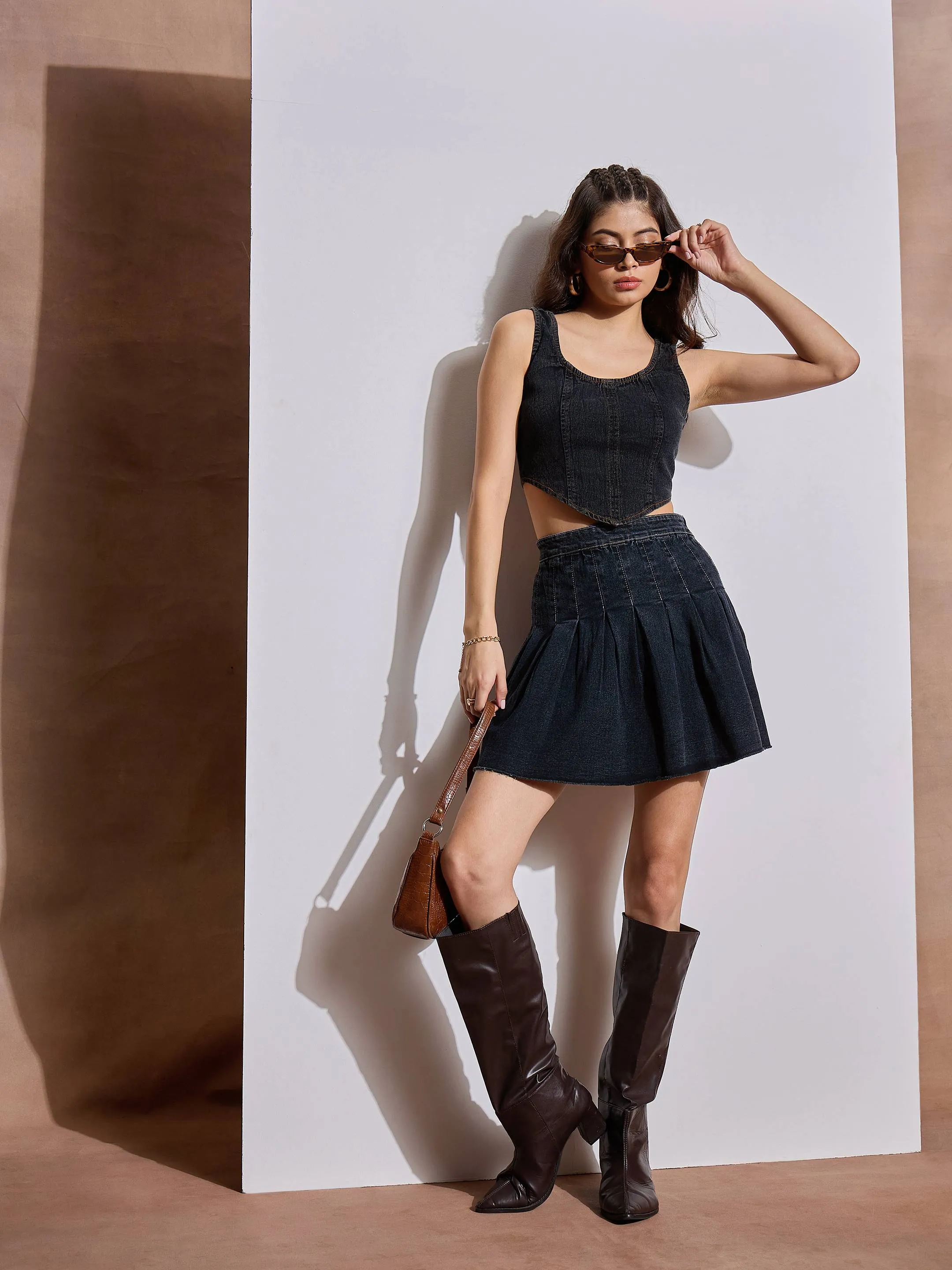 Women Black Washed Denim Pleated Mini Skirt