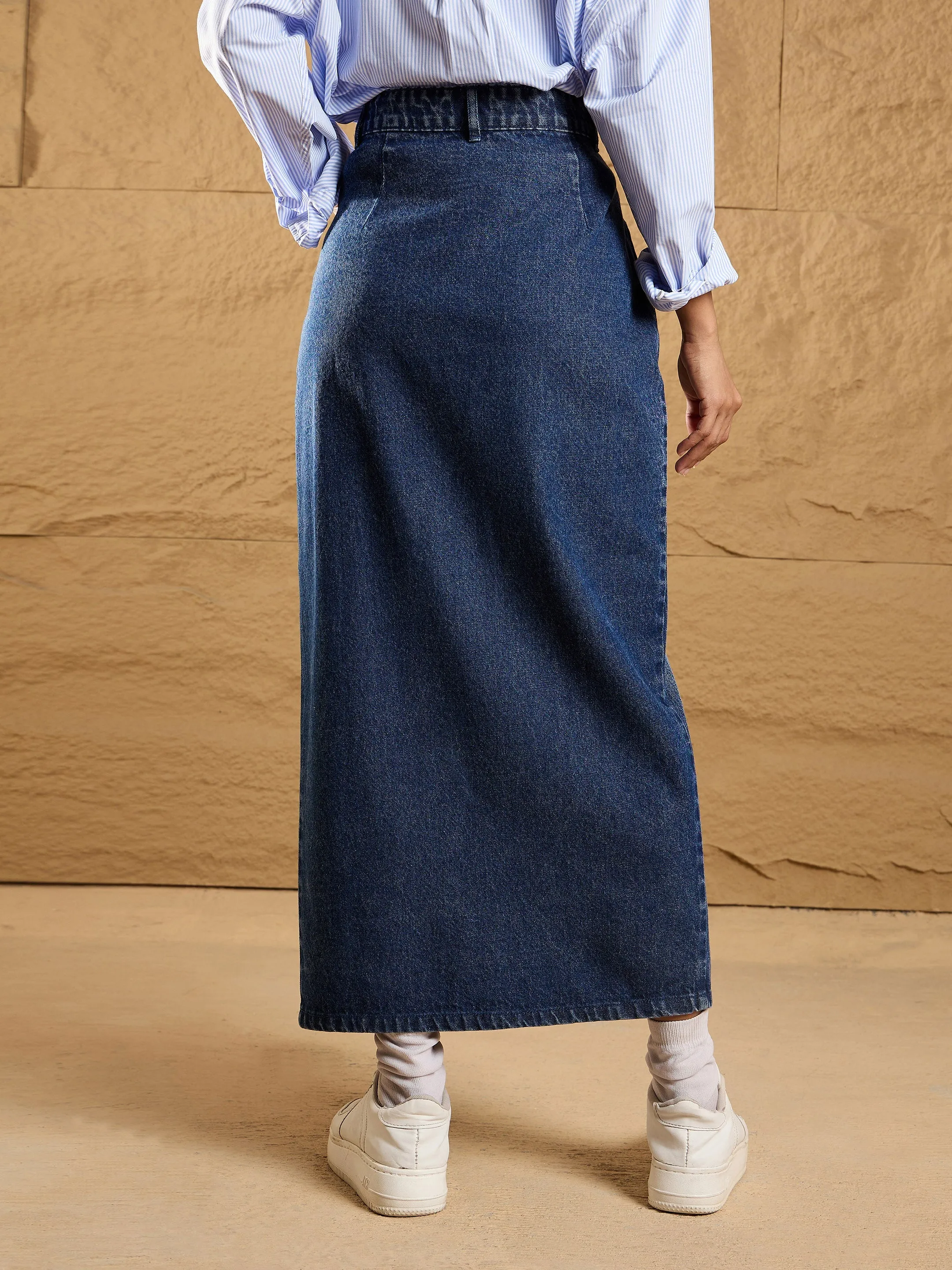 Women Blue Asymmetrical Waist Front Slit Maxi Skirt