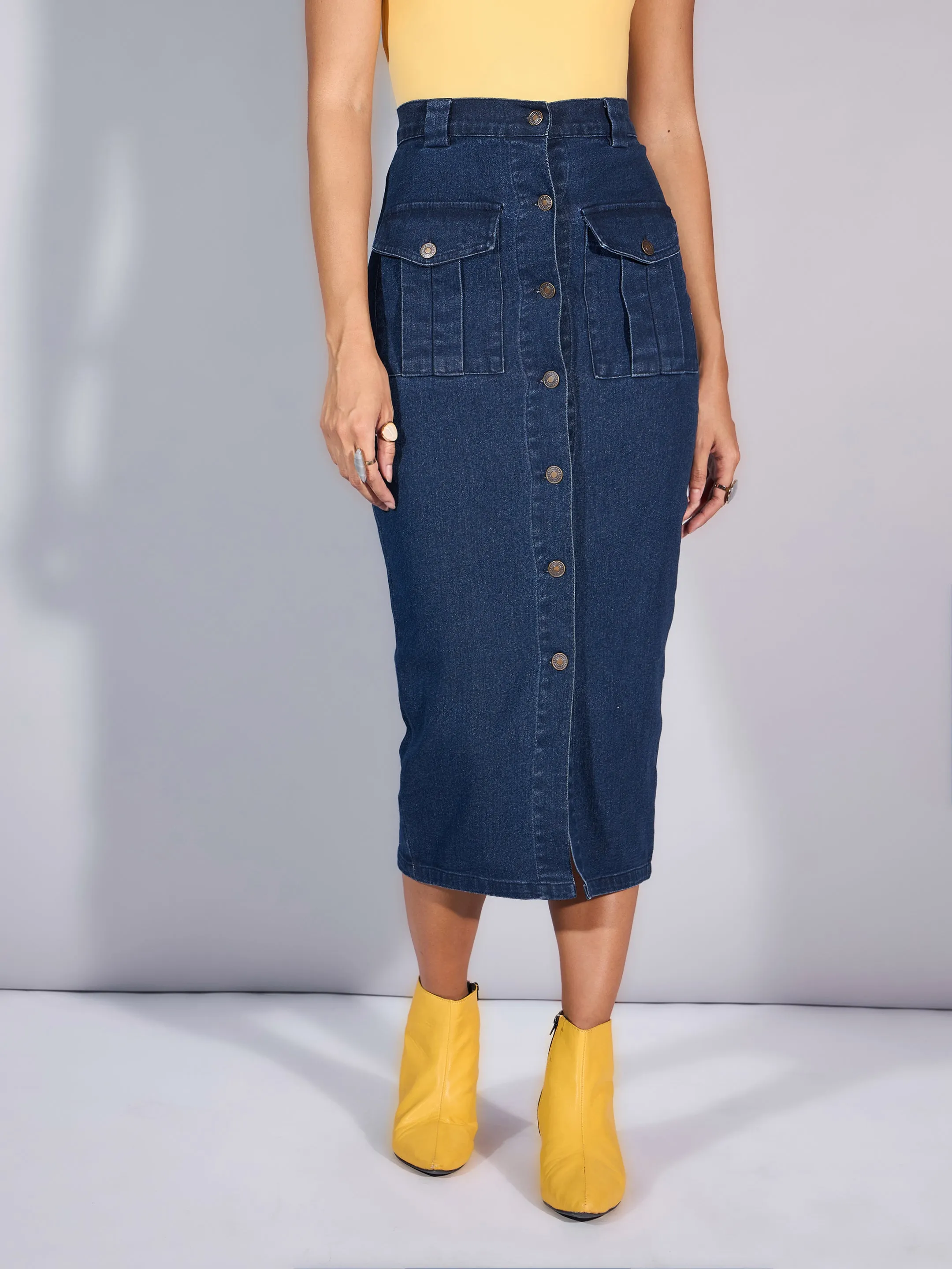 Women Blue Blast Denim Front Button Midi Skirt