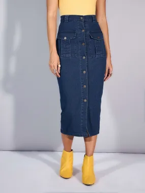 Women Blue Blast Denim Front Button Midi Skirt