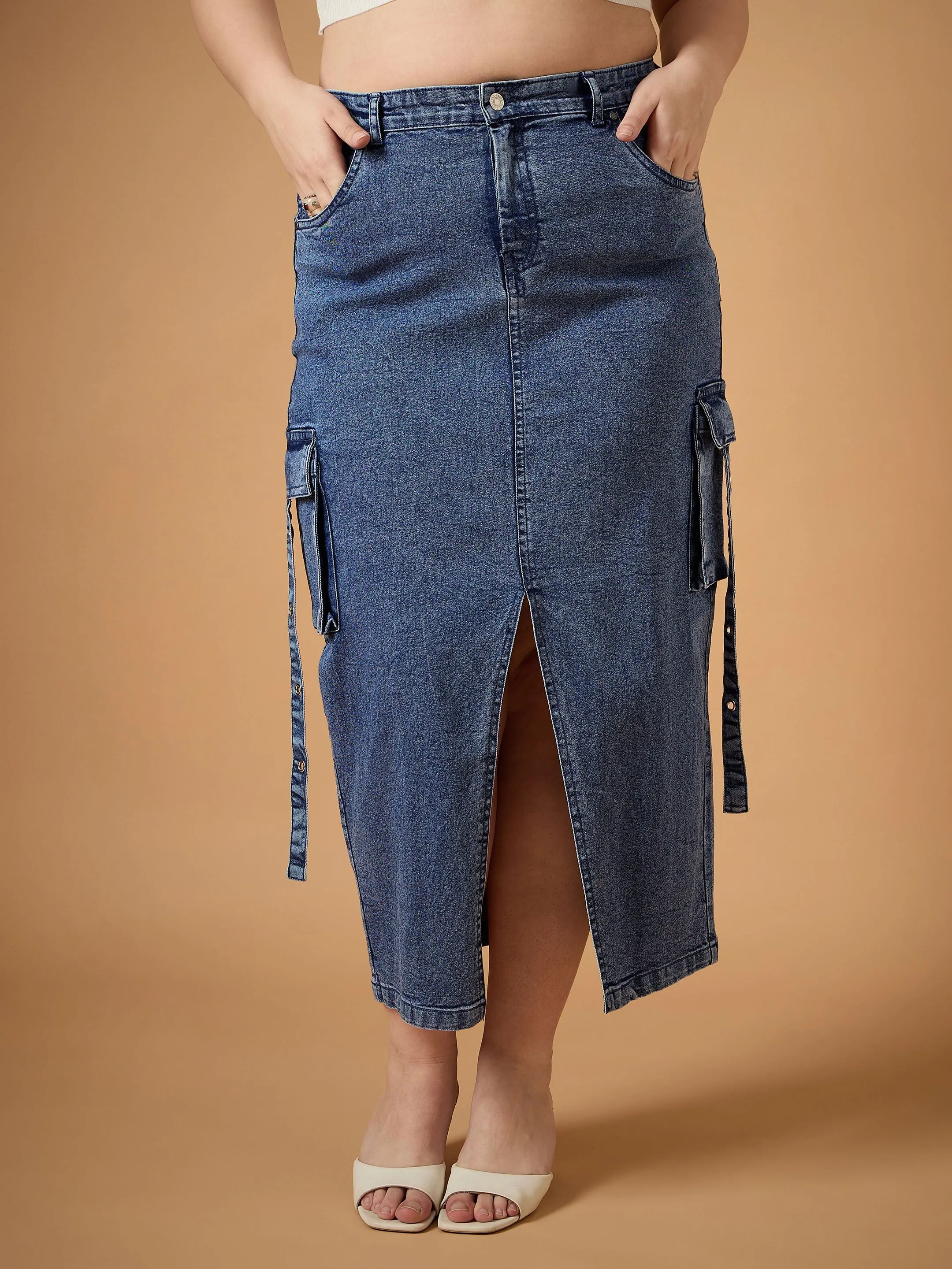 Women Blue Blast Denim Side Pocket Skirt