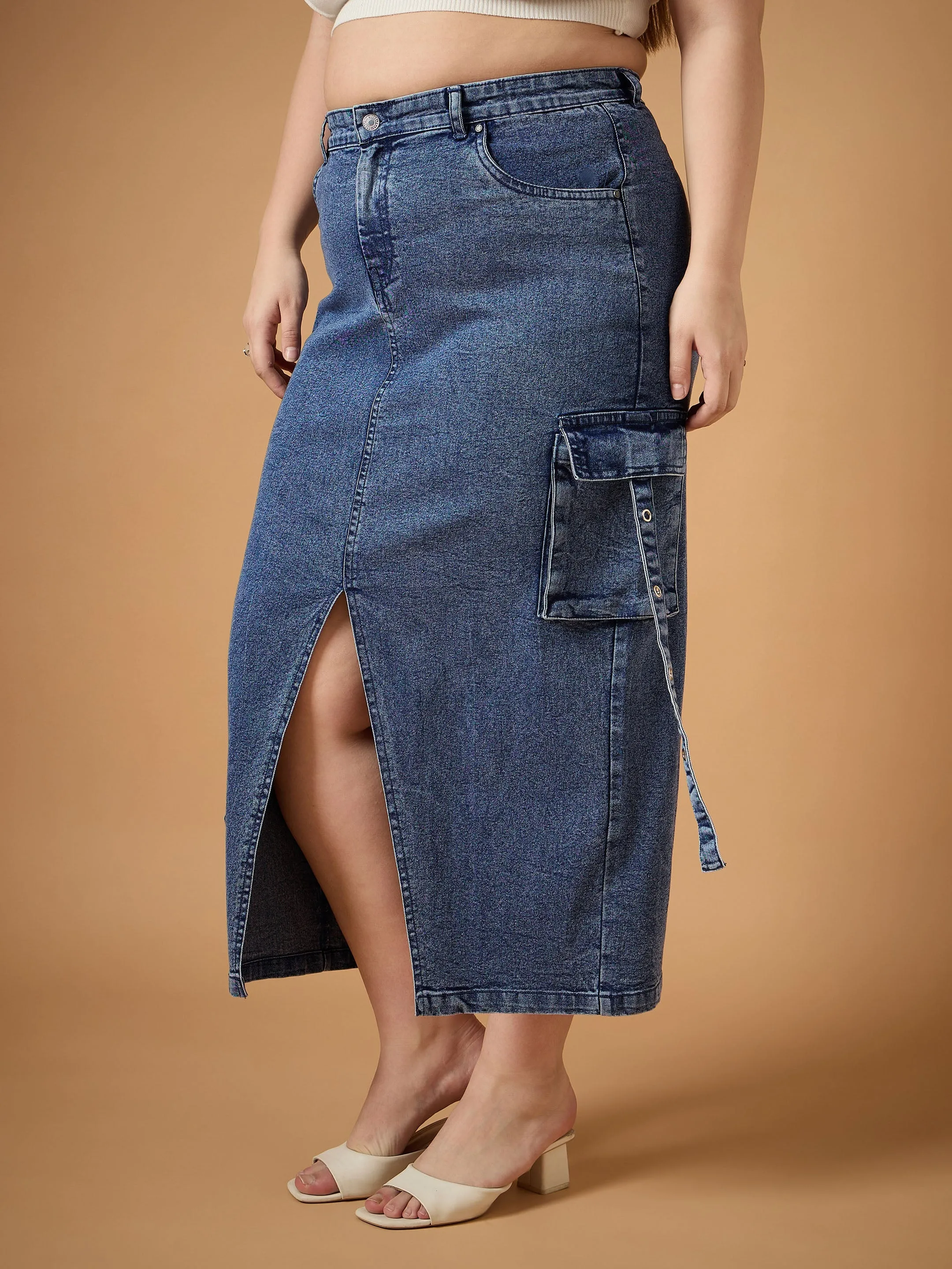 Women Blue Blast Denim Side Pocket Skirt