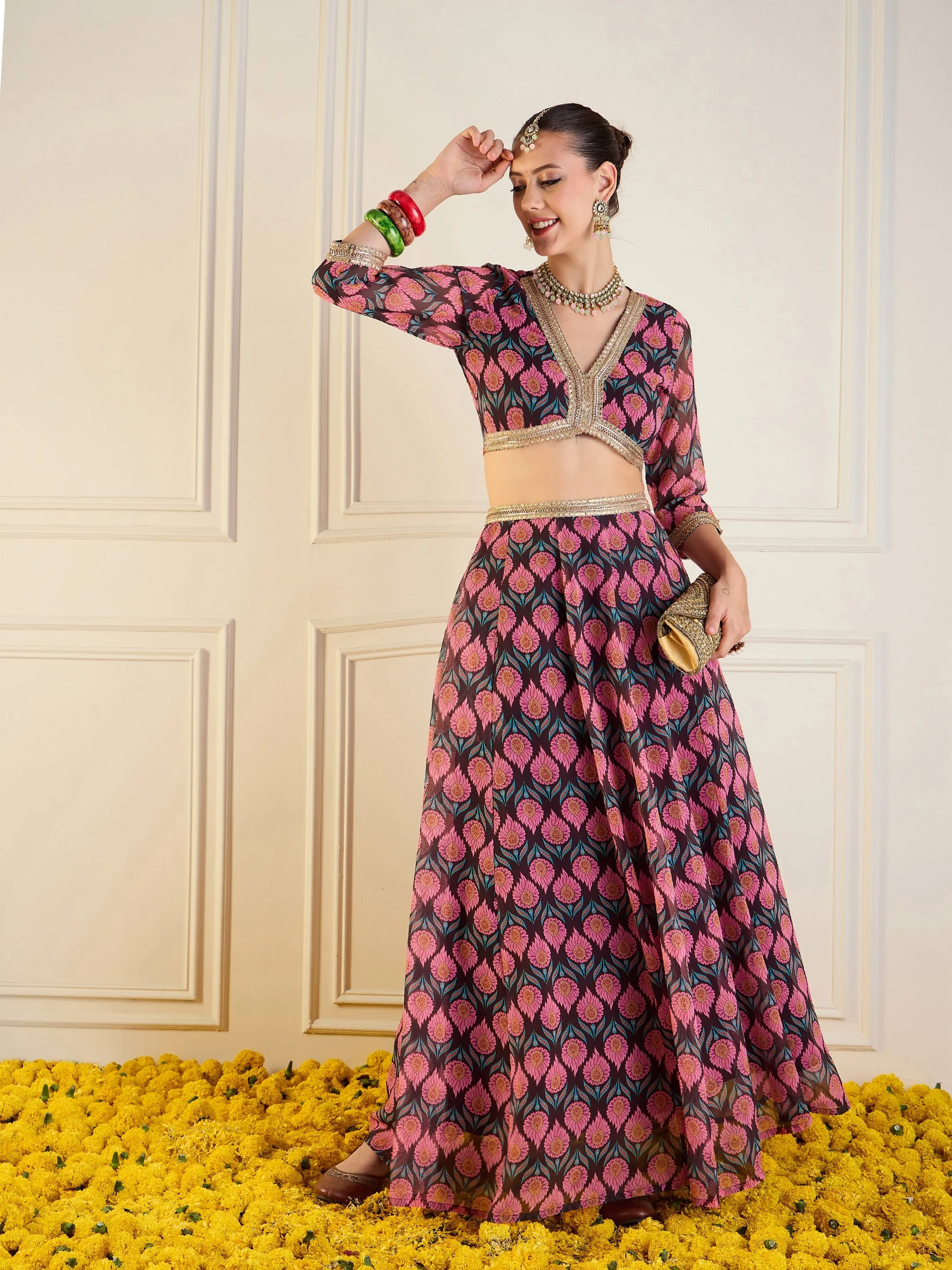 Women Brown Floral Anarkali Skirt With Crop Top