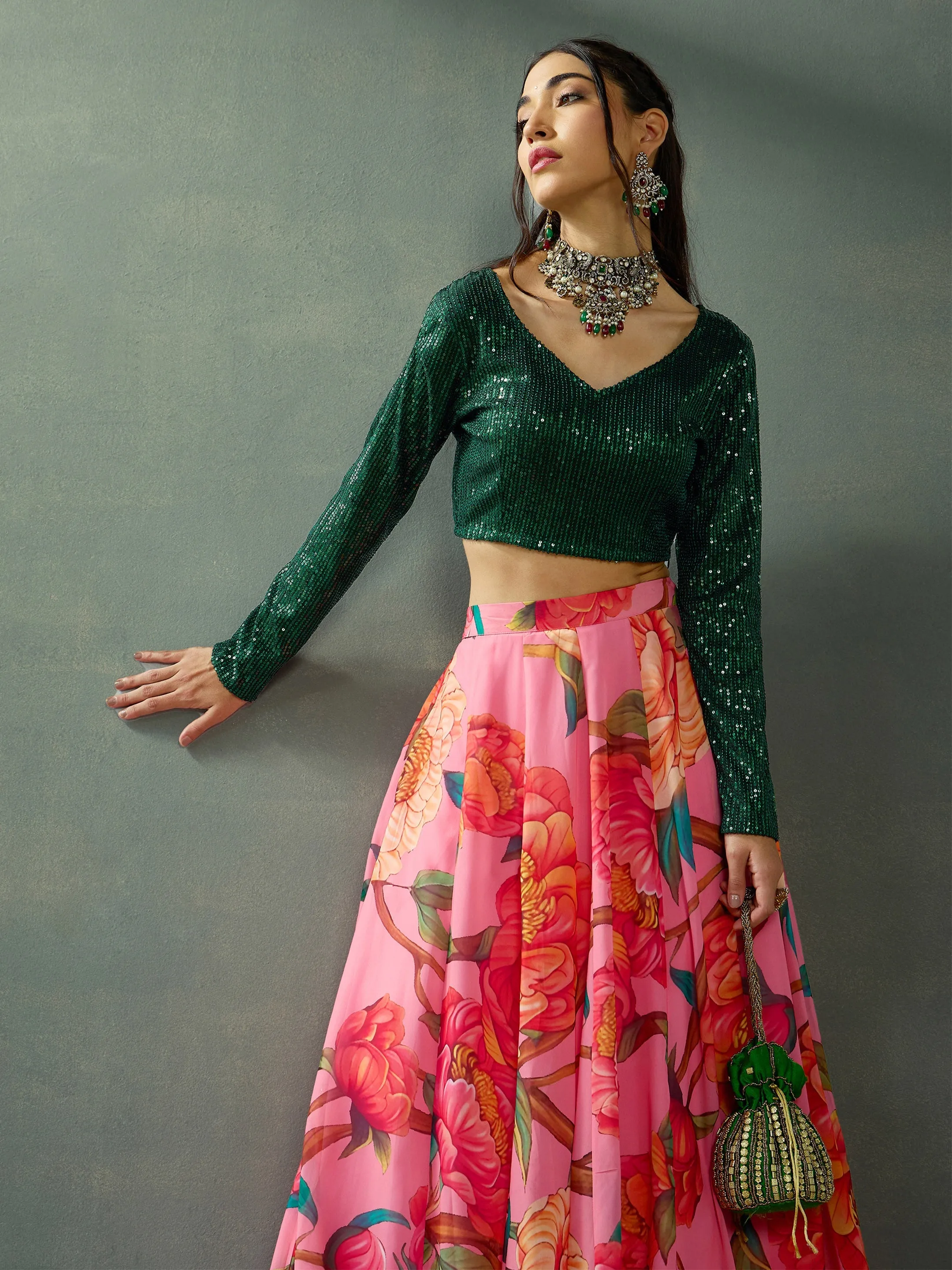 Women Green Sequence Blouse With Anarkali Skirt