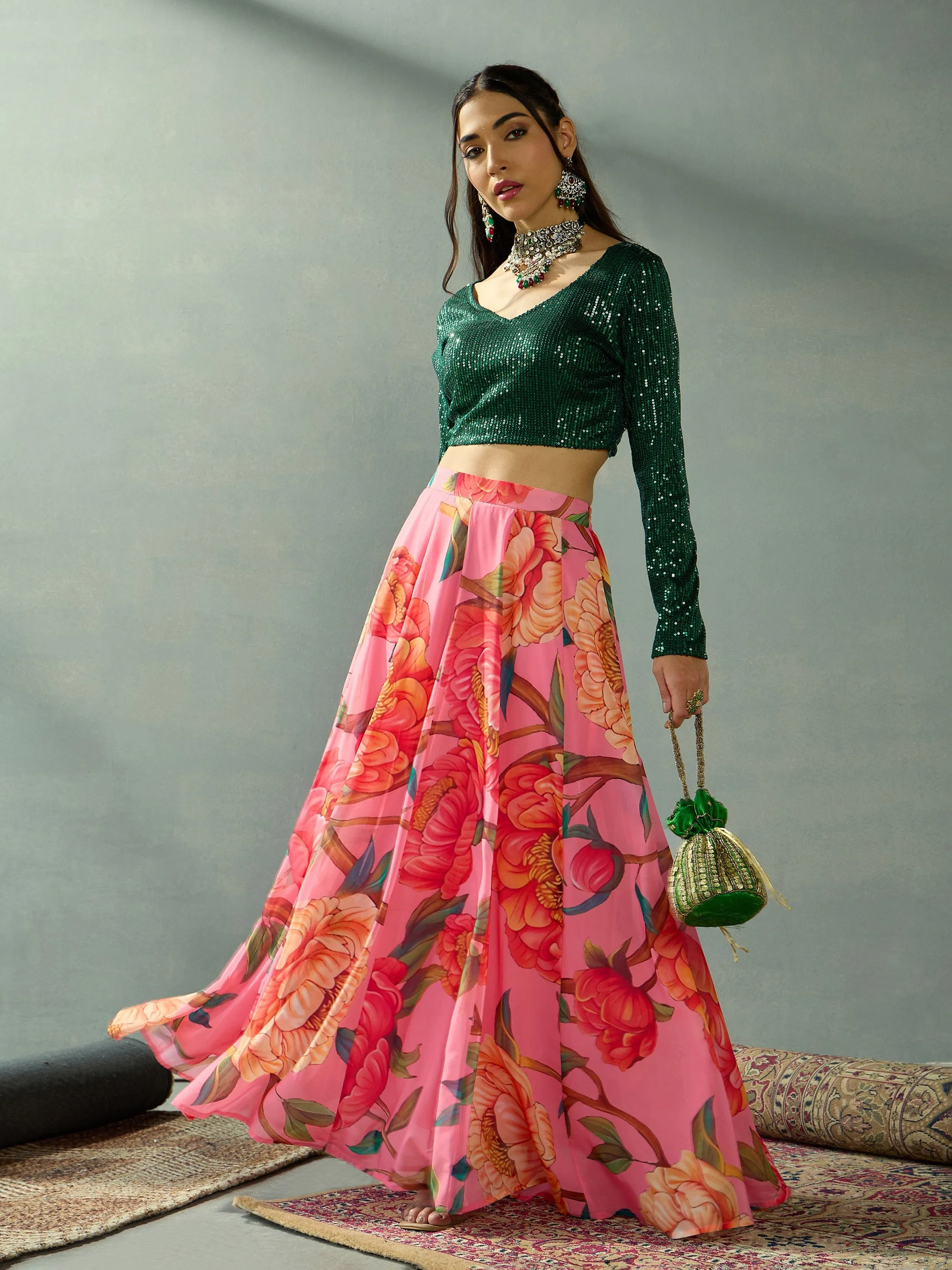 Women Green Sequence Blouse With Anarkali Skirt