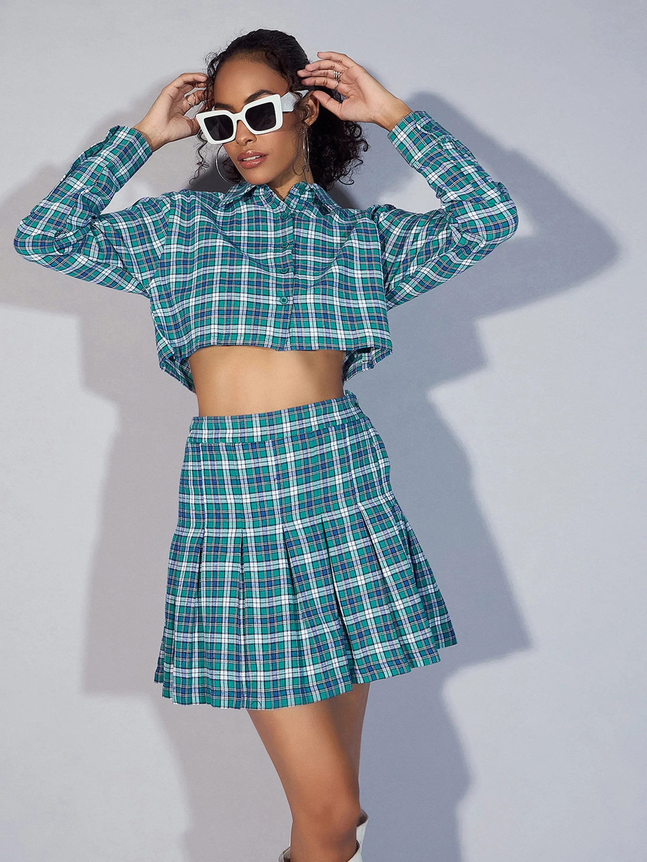 Women Green Yarndyed Check Crop Shirt With Mini Skirt