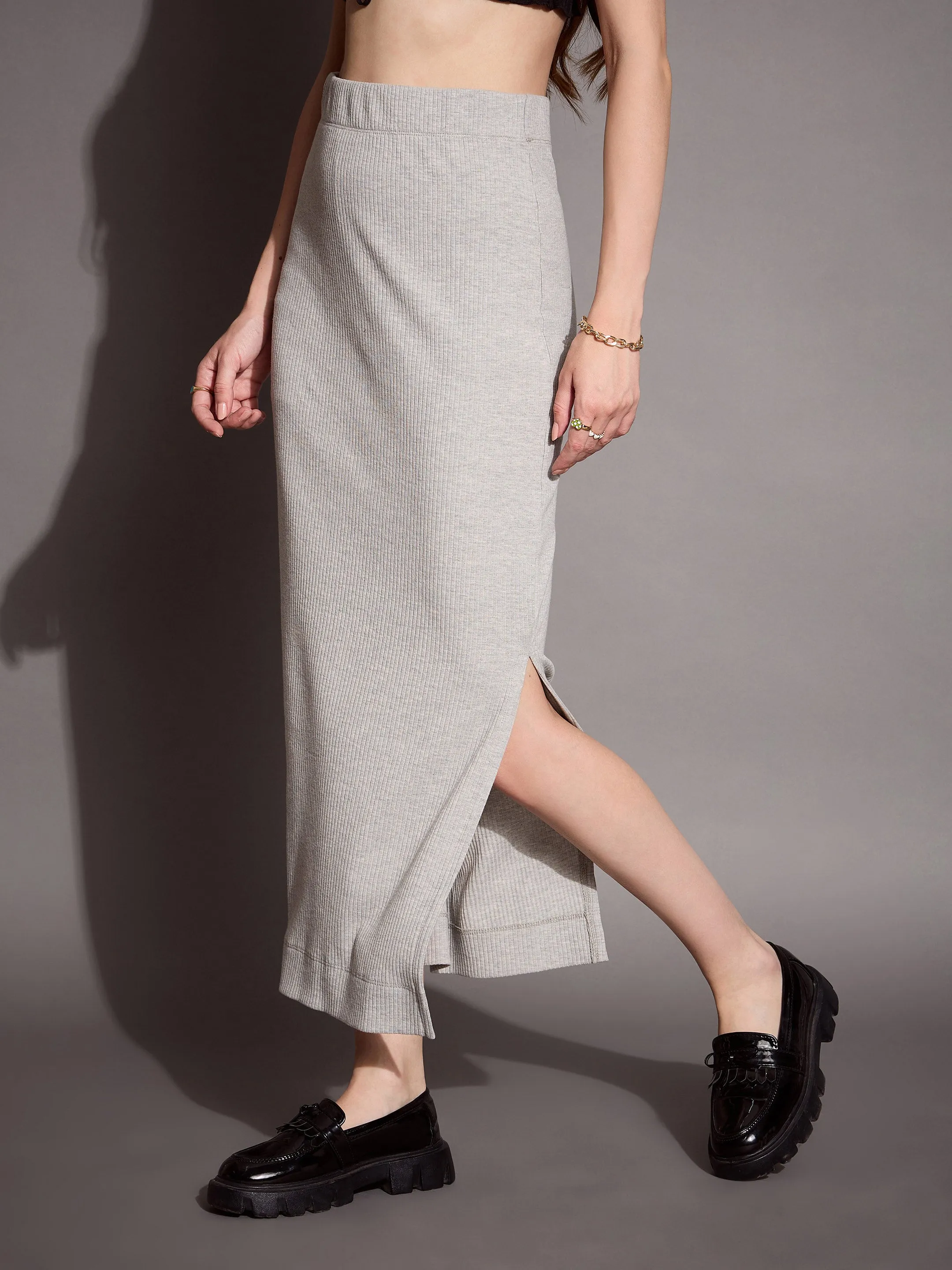 Women Grey Mellange Rib Pencil Skirt