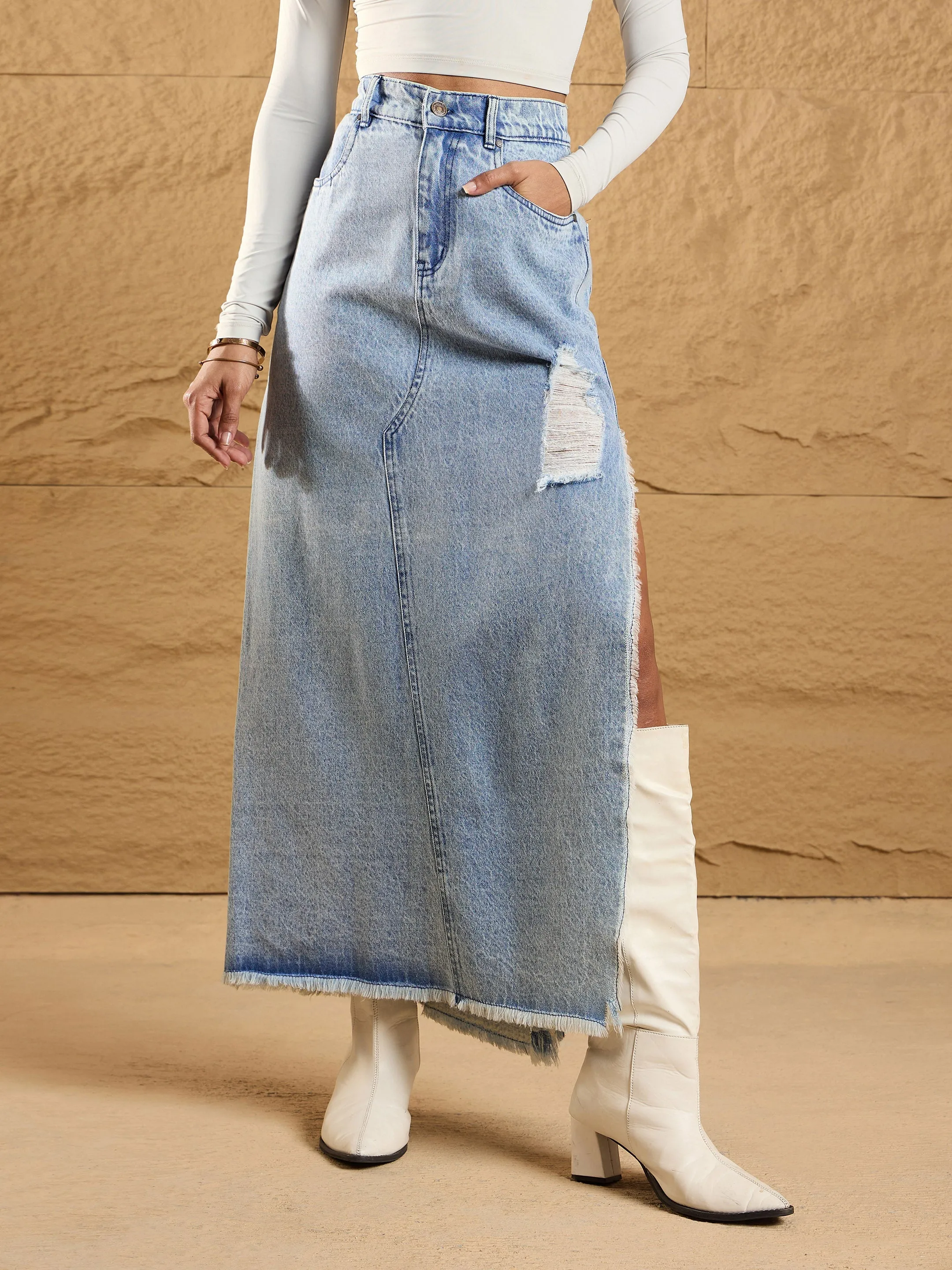 Women Ice Blue Distressed Side Slit Maxi Skirt