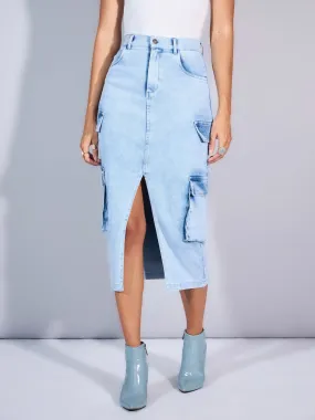 Women Light Blue Denim Box Pocket Front Slit Midi Skirt