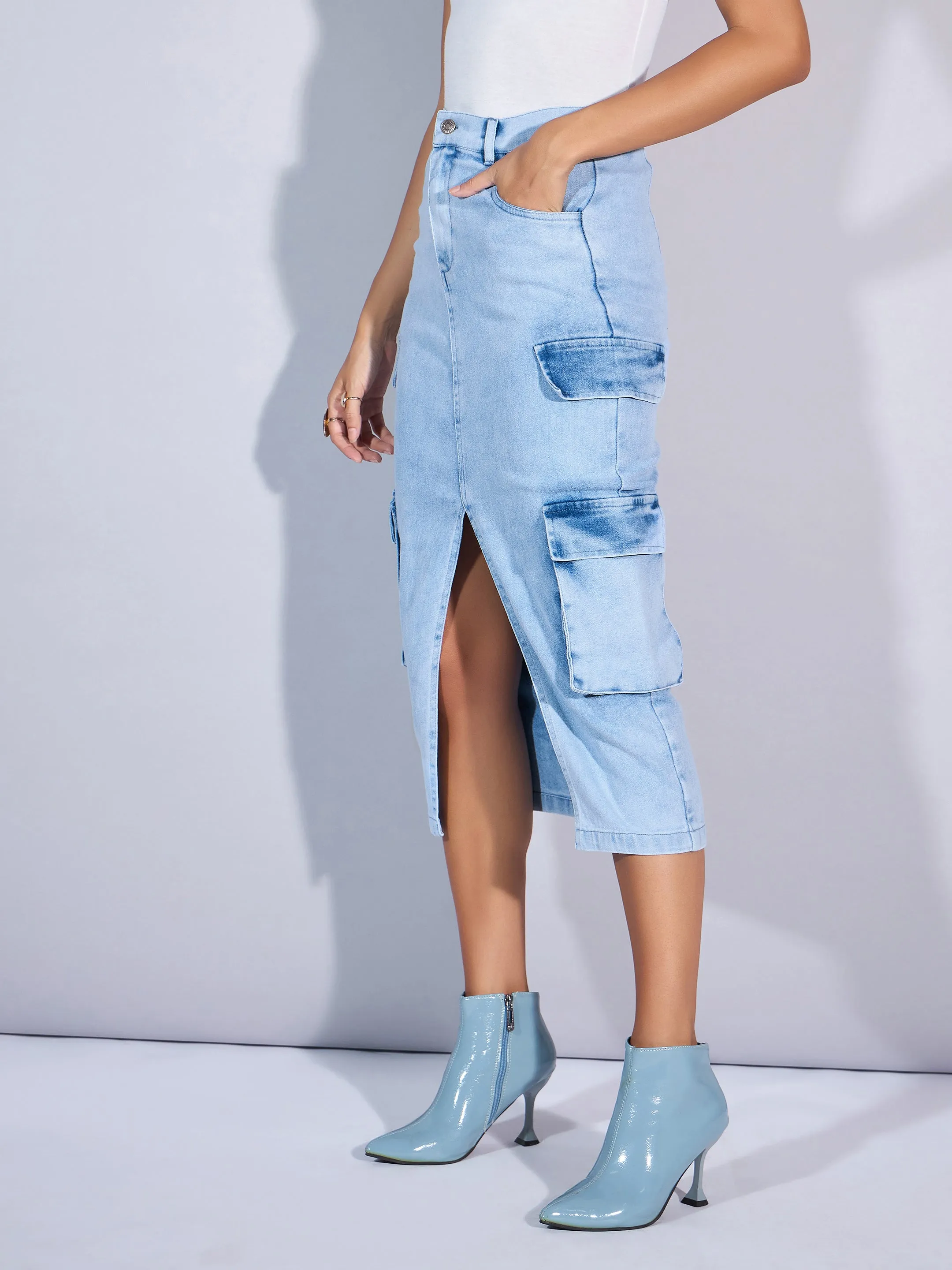 Women Light Blue Denim Box Pocket Front Slit Midi Skirt