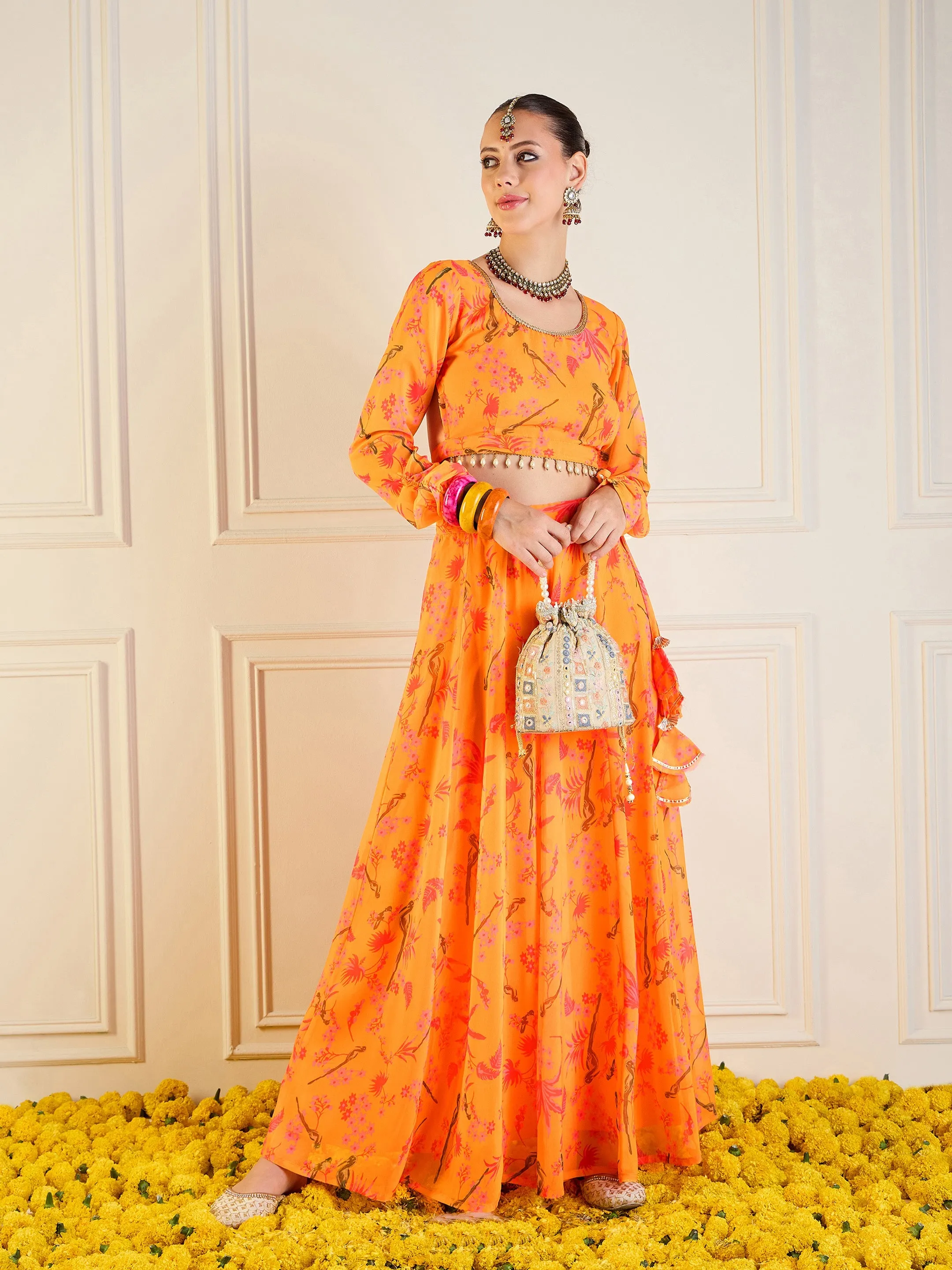 Women Mustard Printed Anarkali Skirt With Crop Top