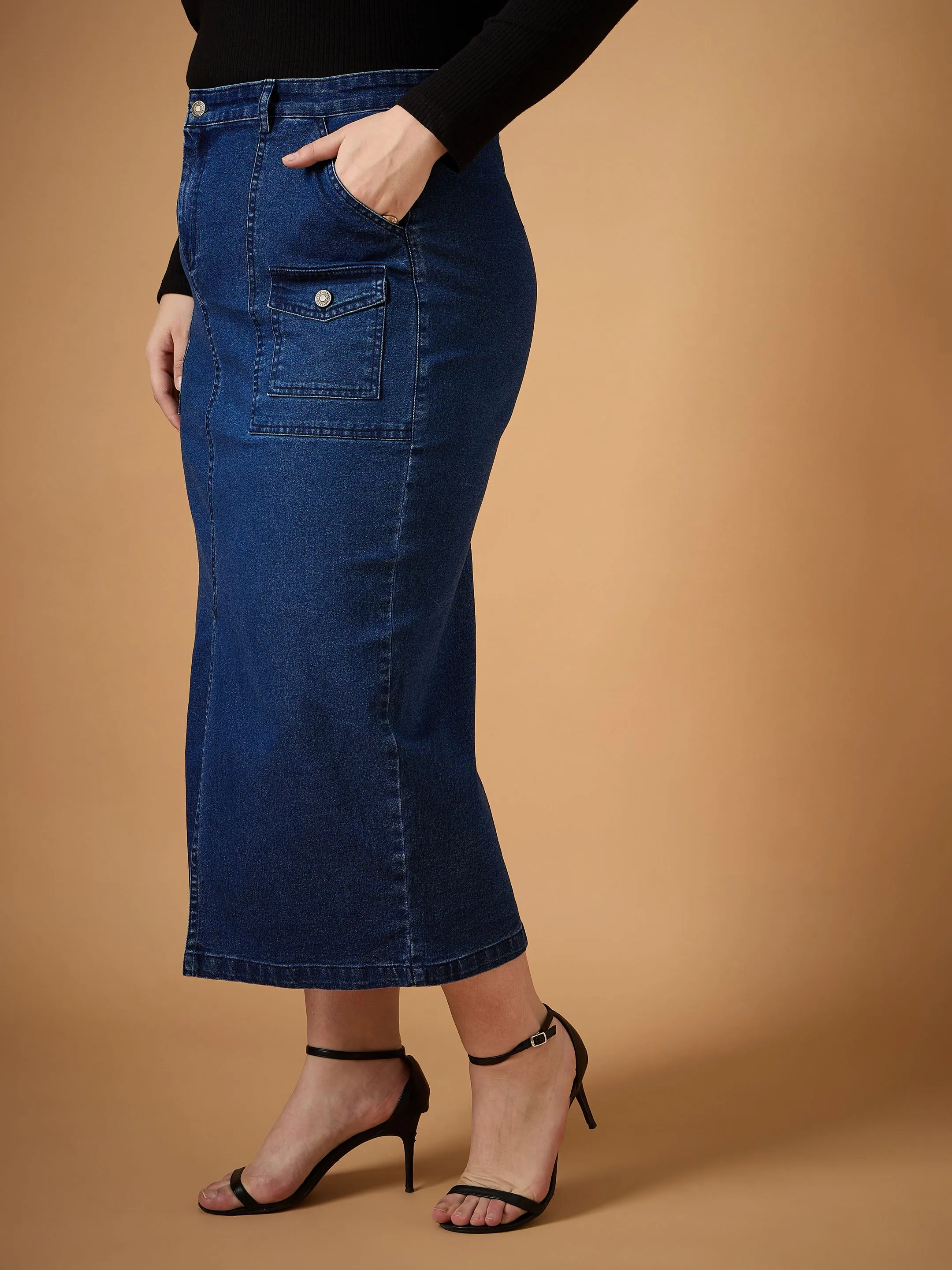 Women Navy Denim Wash Front Slit Skirt