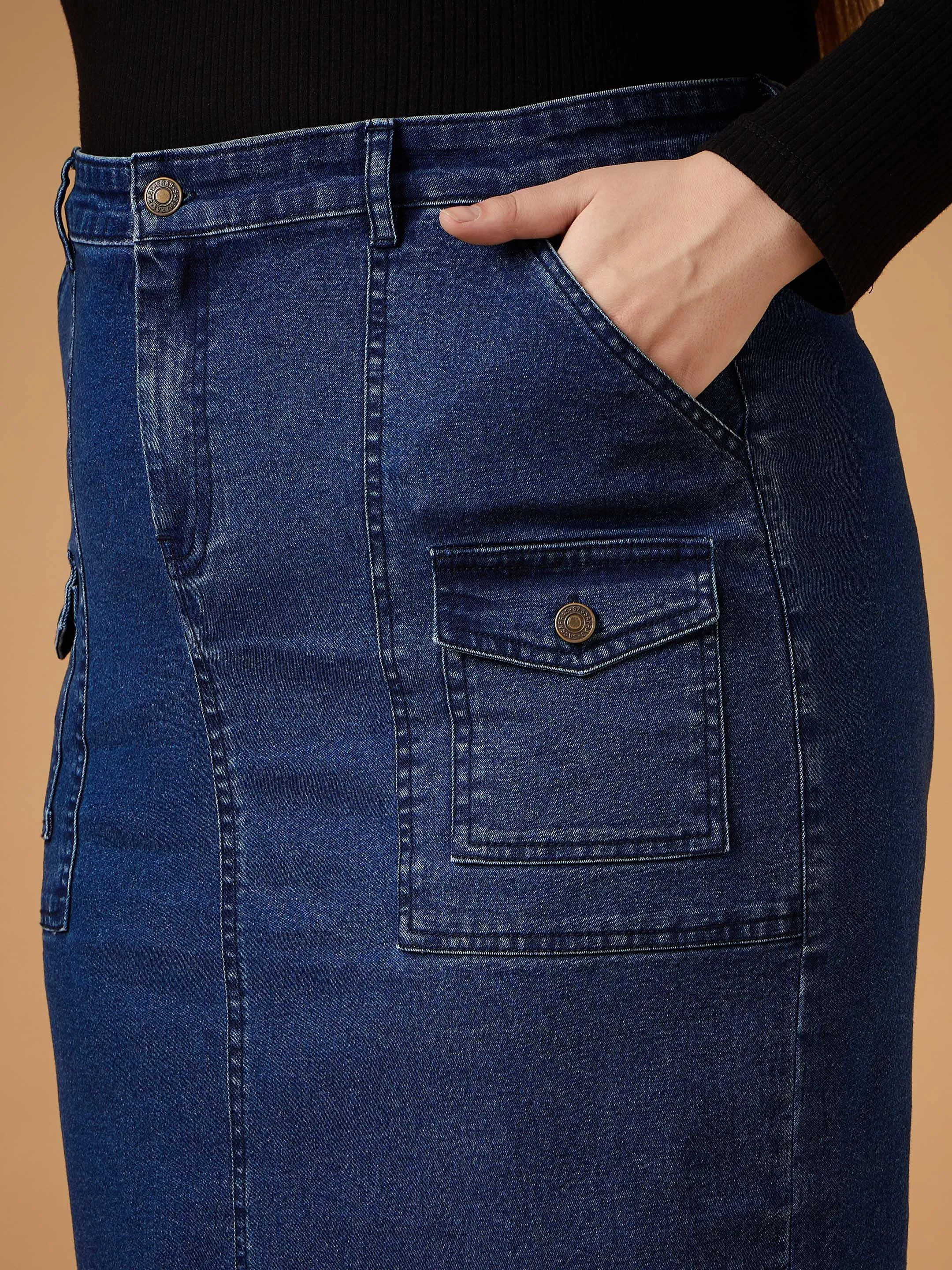 Women Navy Denim Wash Front Slit Skirt