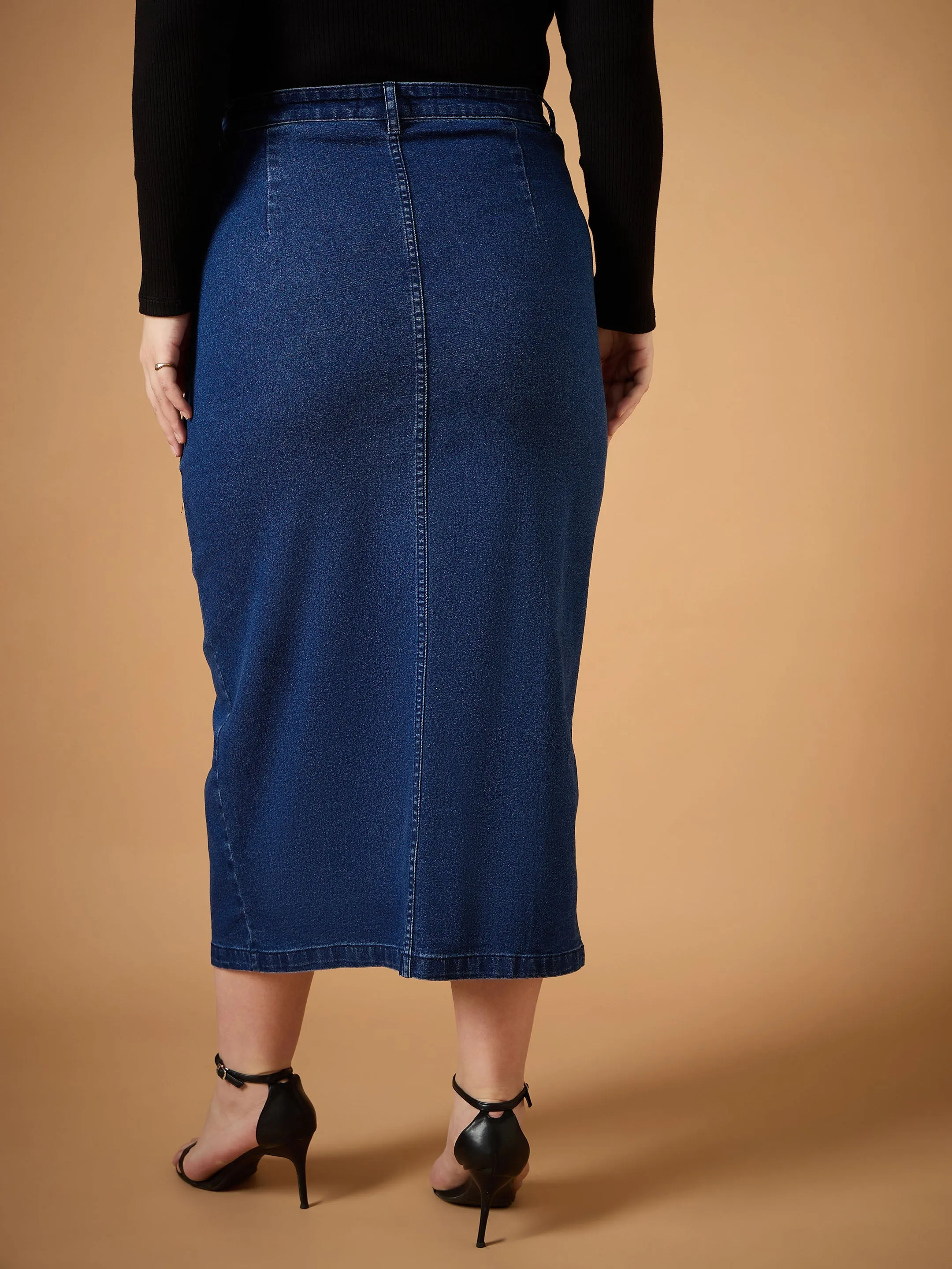 Women Navy Denim Wash Front Slit Skirt