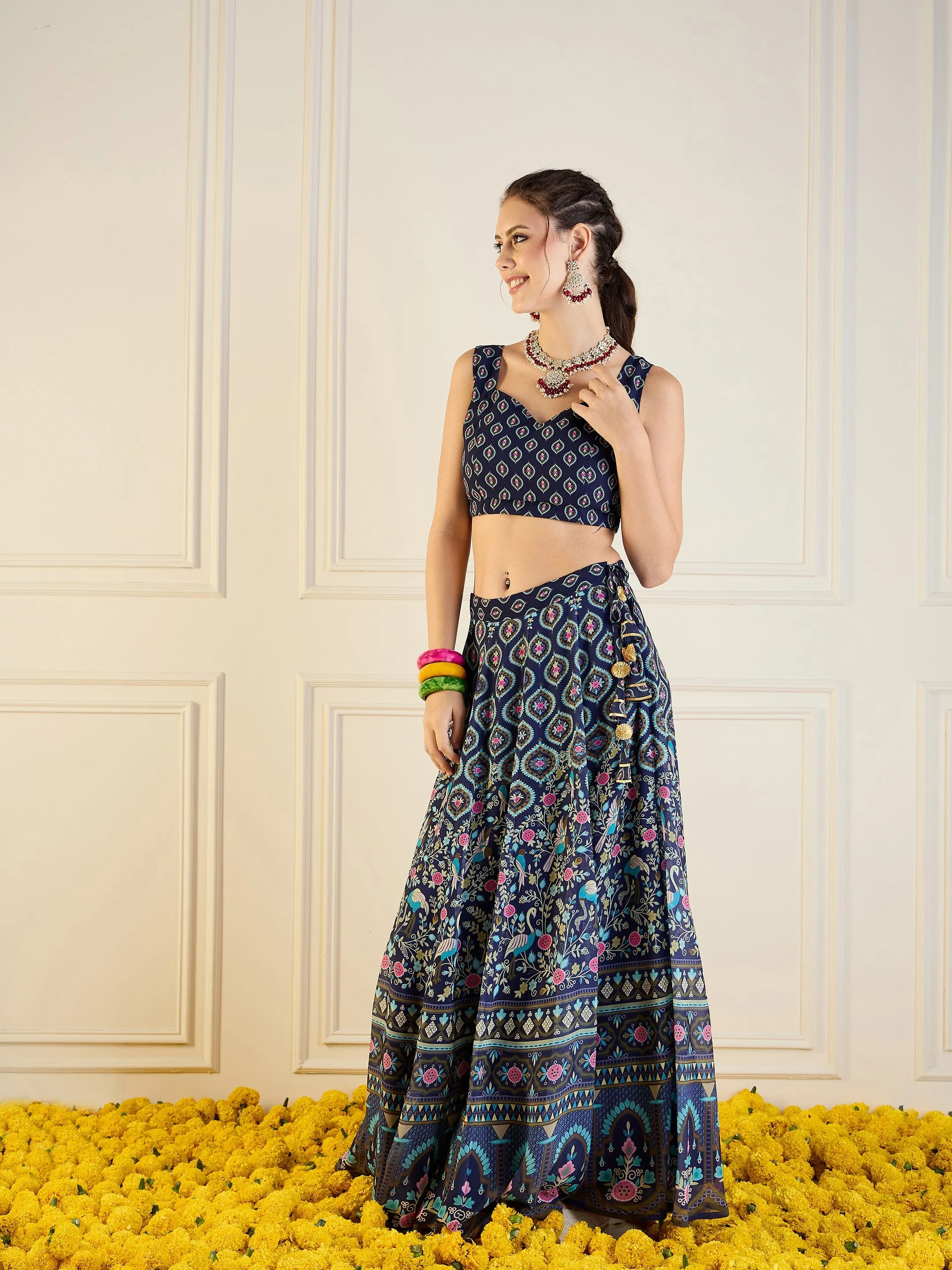 Women Navy Floral Anarkali Skirt With Dori Crop Top