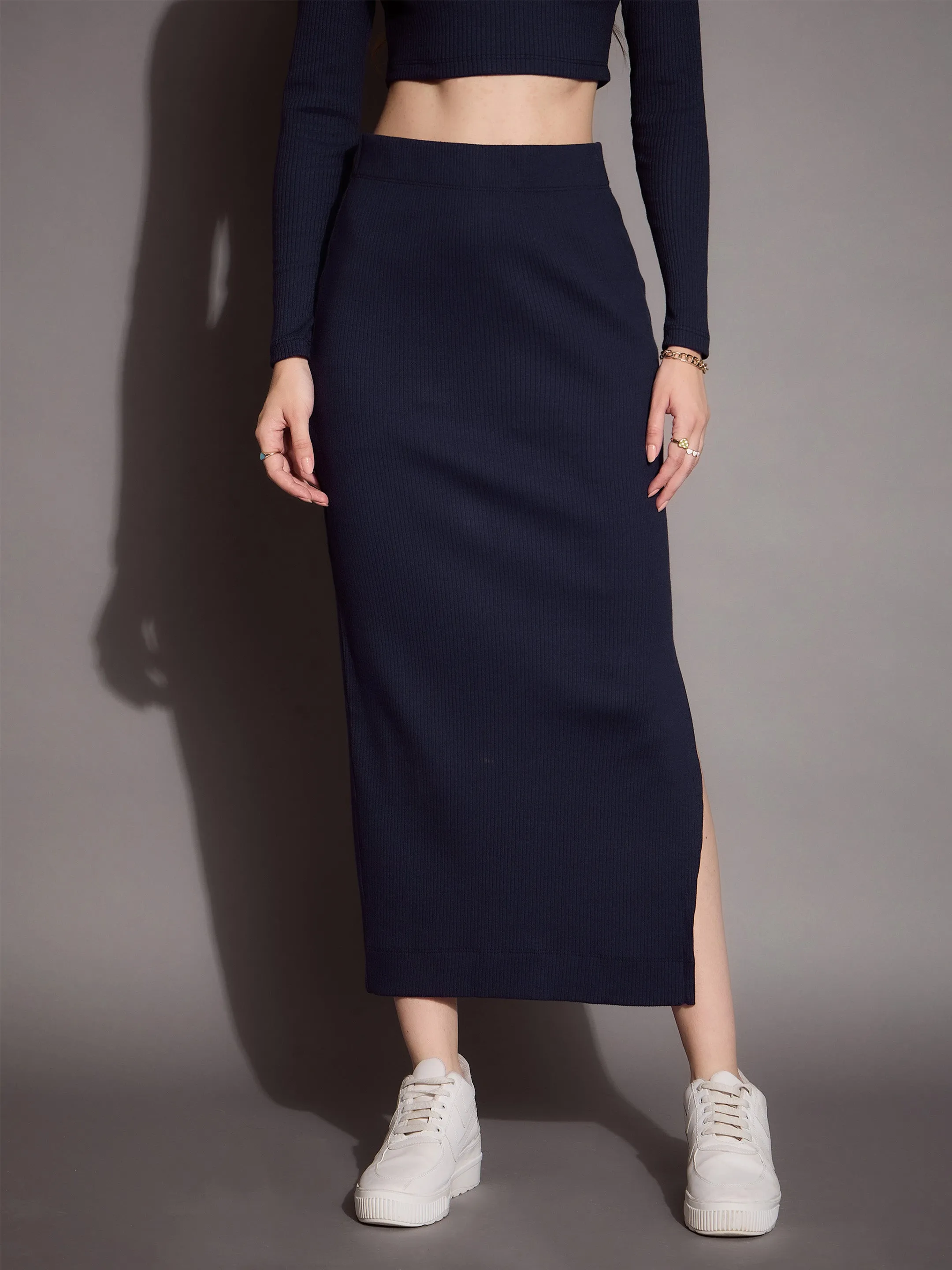 Women Navy Rib Pencil Skirt