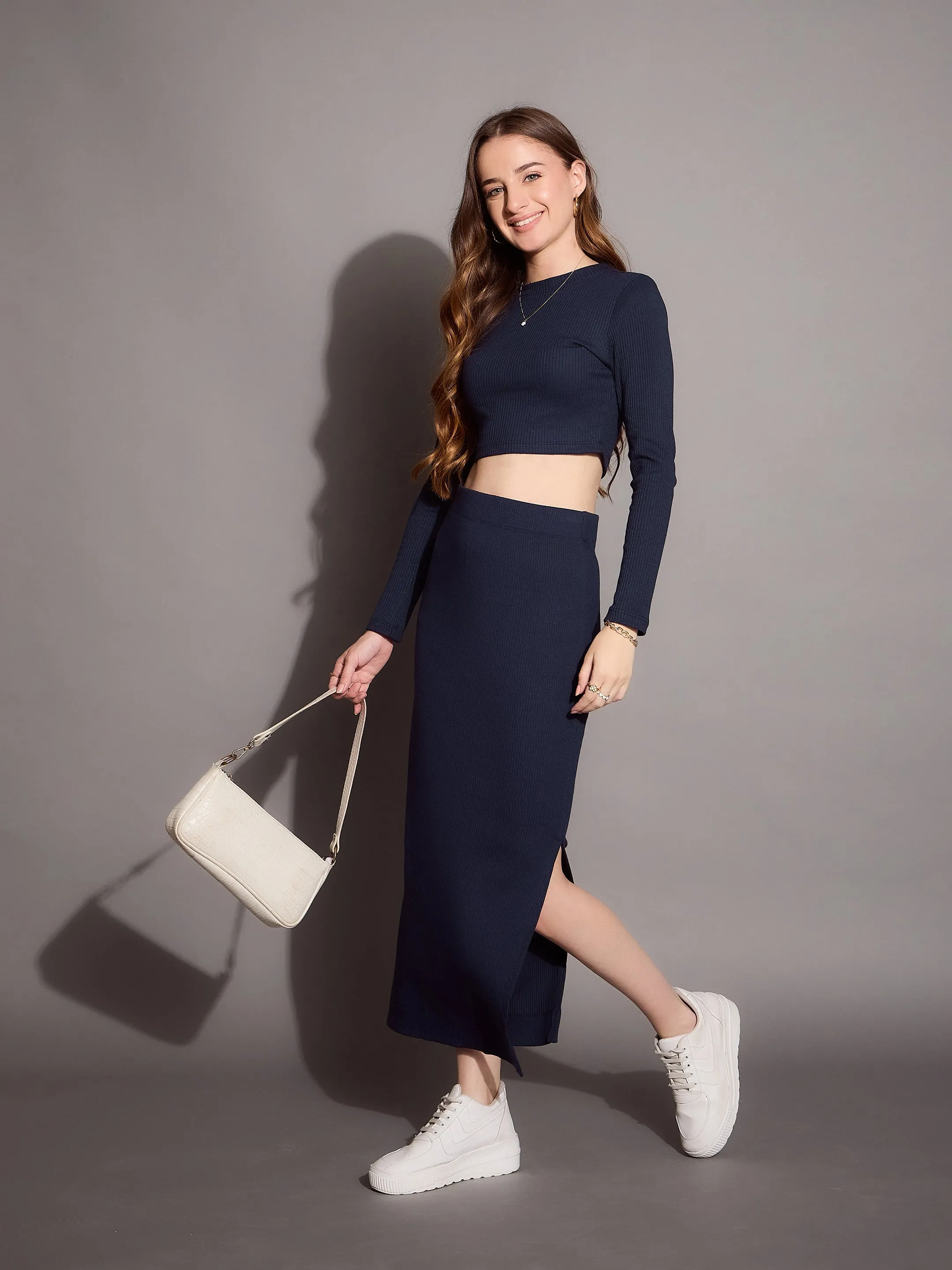 Women Navy Rib Pencil Skirt