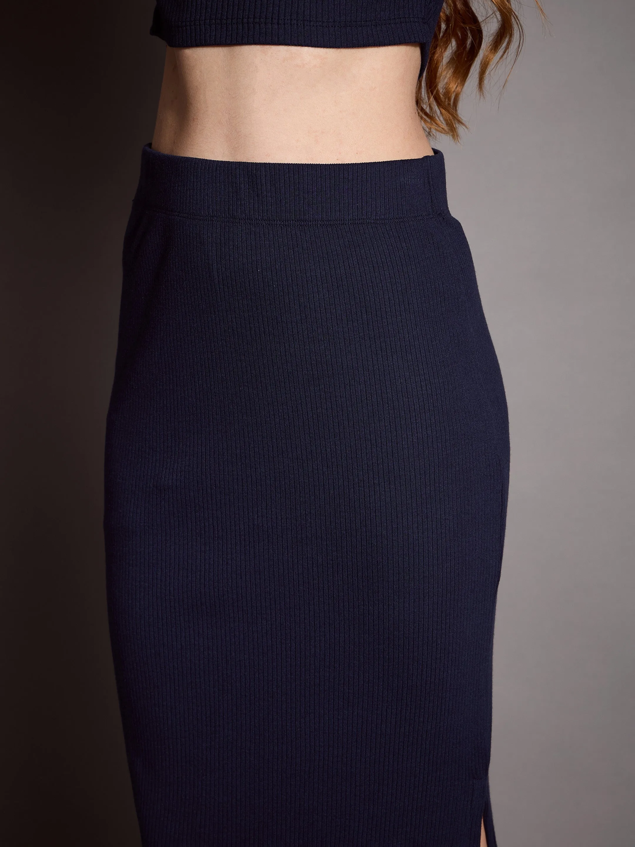 Women Navy Rib Pencil Skirt