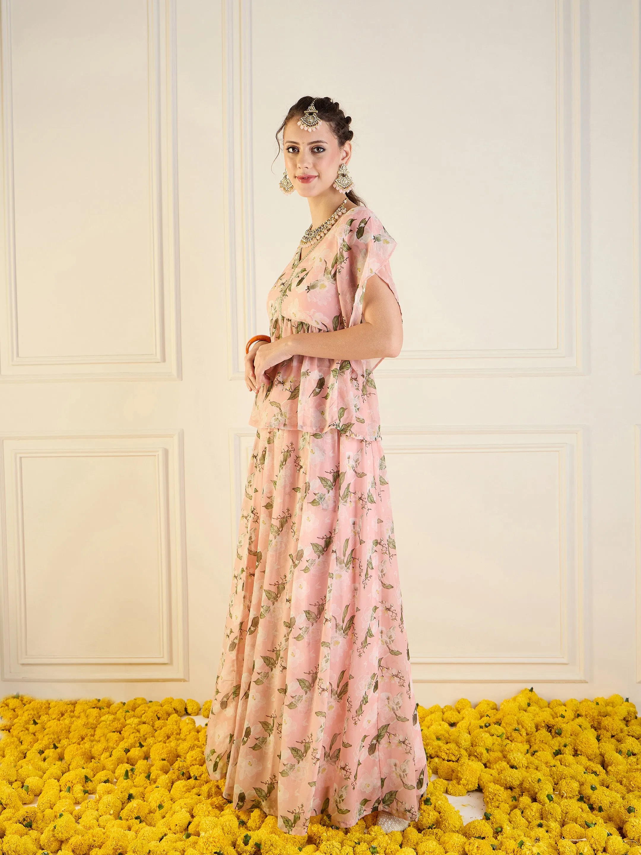 Women Peach Floral Anarkali Skirt With Peplum Top