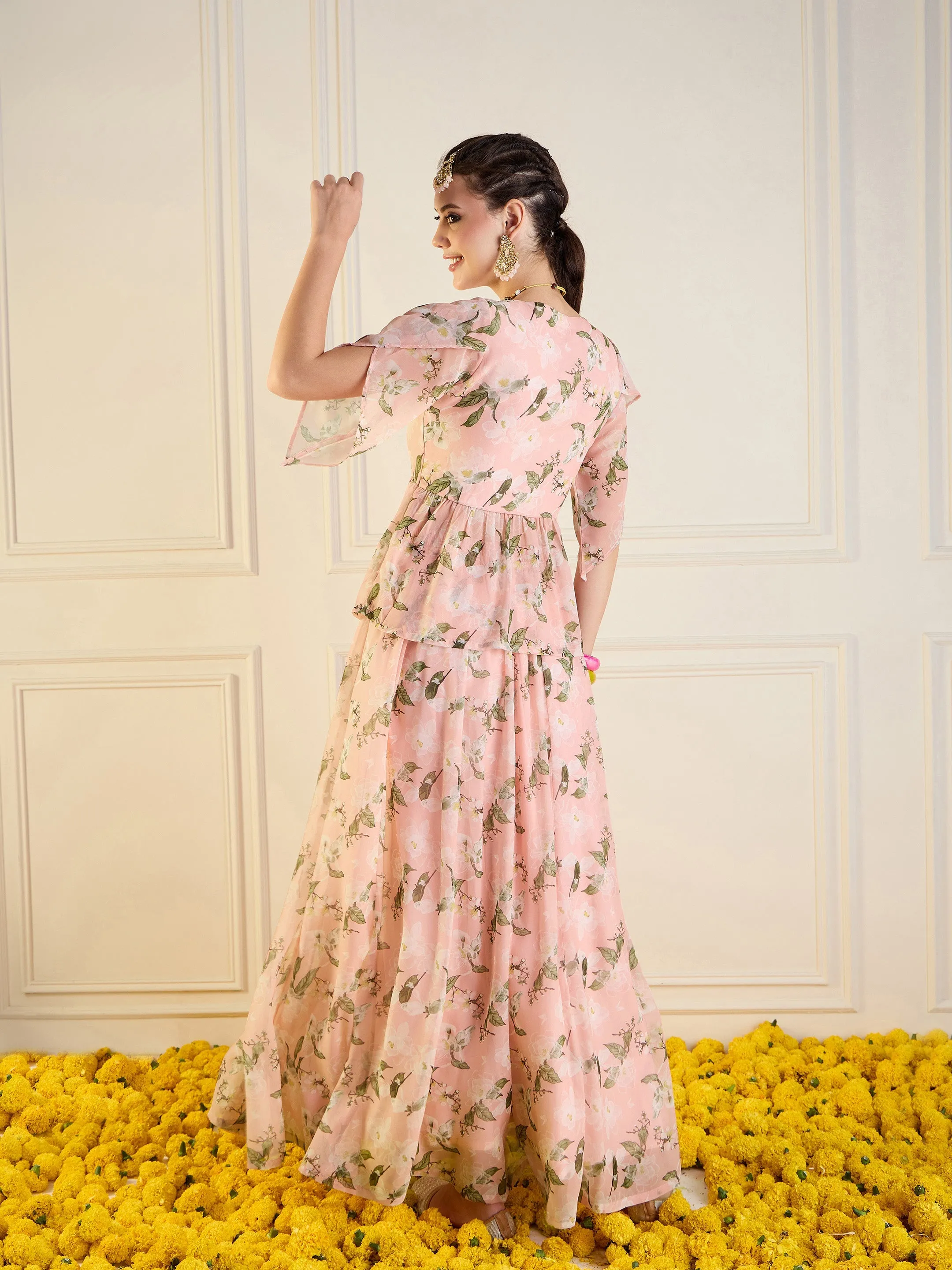 Women Peach Floral Anarkali Skirt With Peplum Top