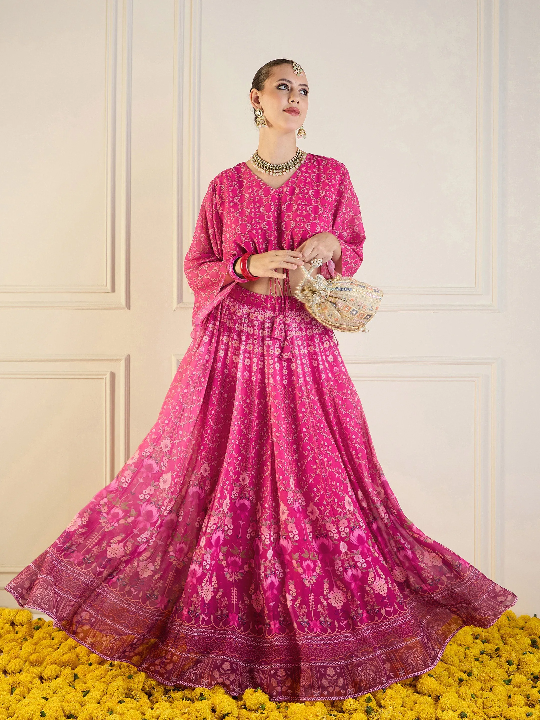 Women Pink Floral Anarkali Skirt