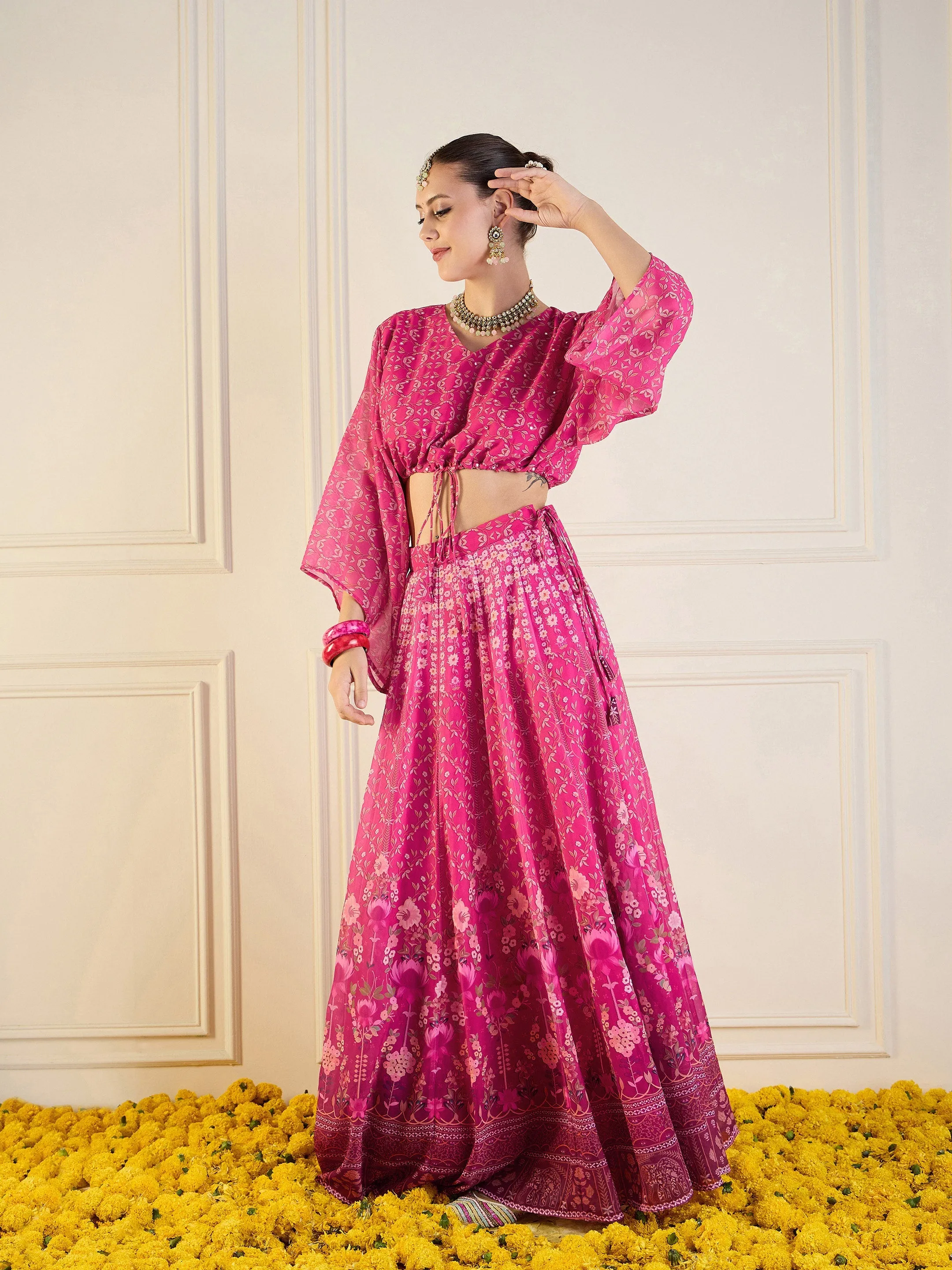 Women Pink Floral Anarkali Skirt