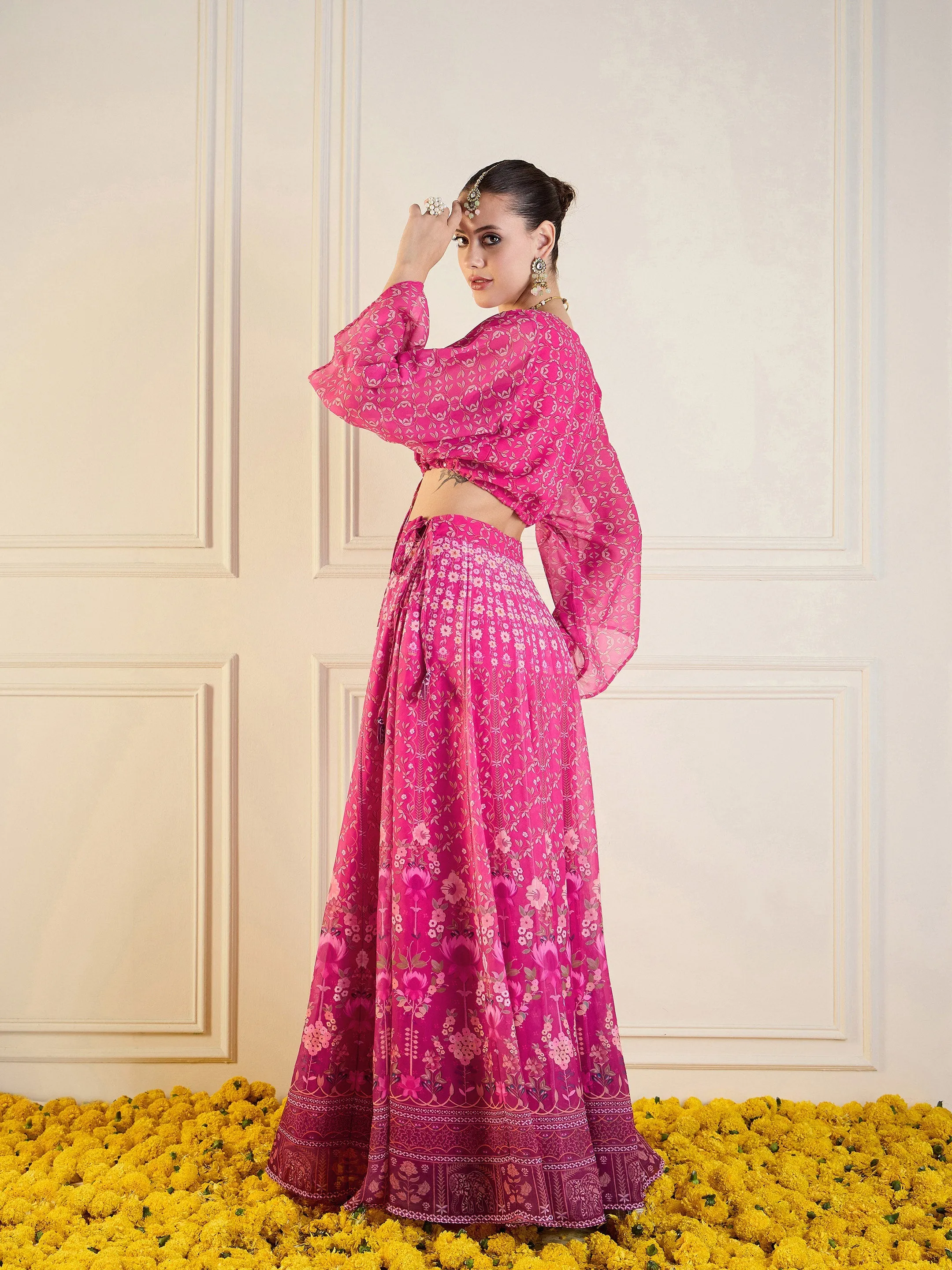 Women Pink Floral Anarkali Skirt